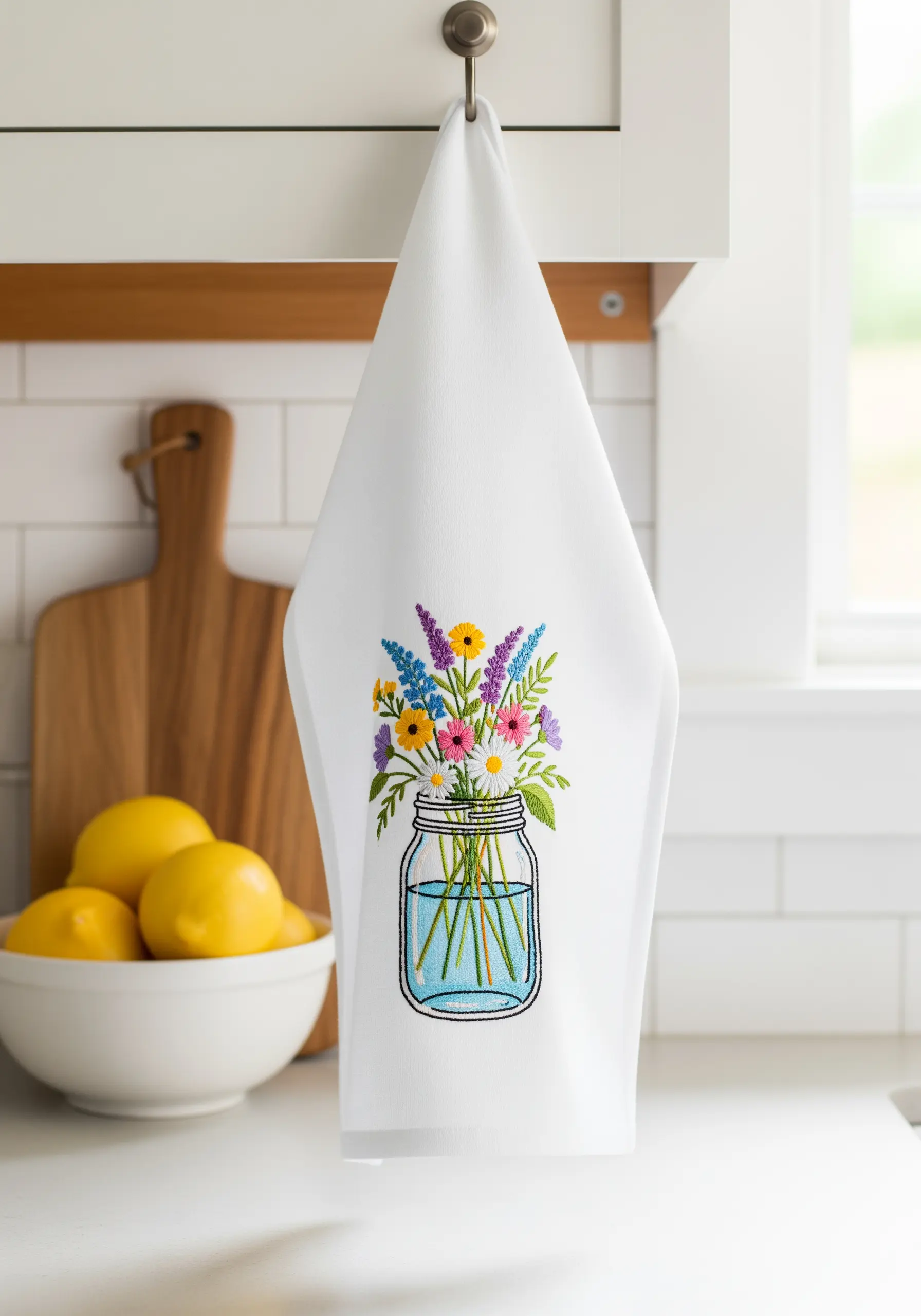 A colorful bouquet of embroidered wildflowers in a mason jar on a white kitchen towel.