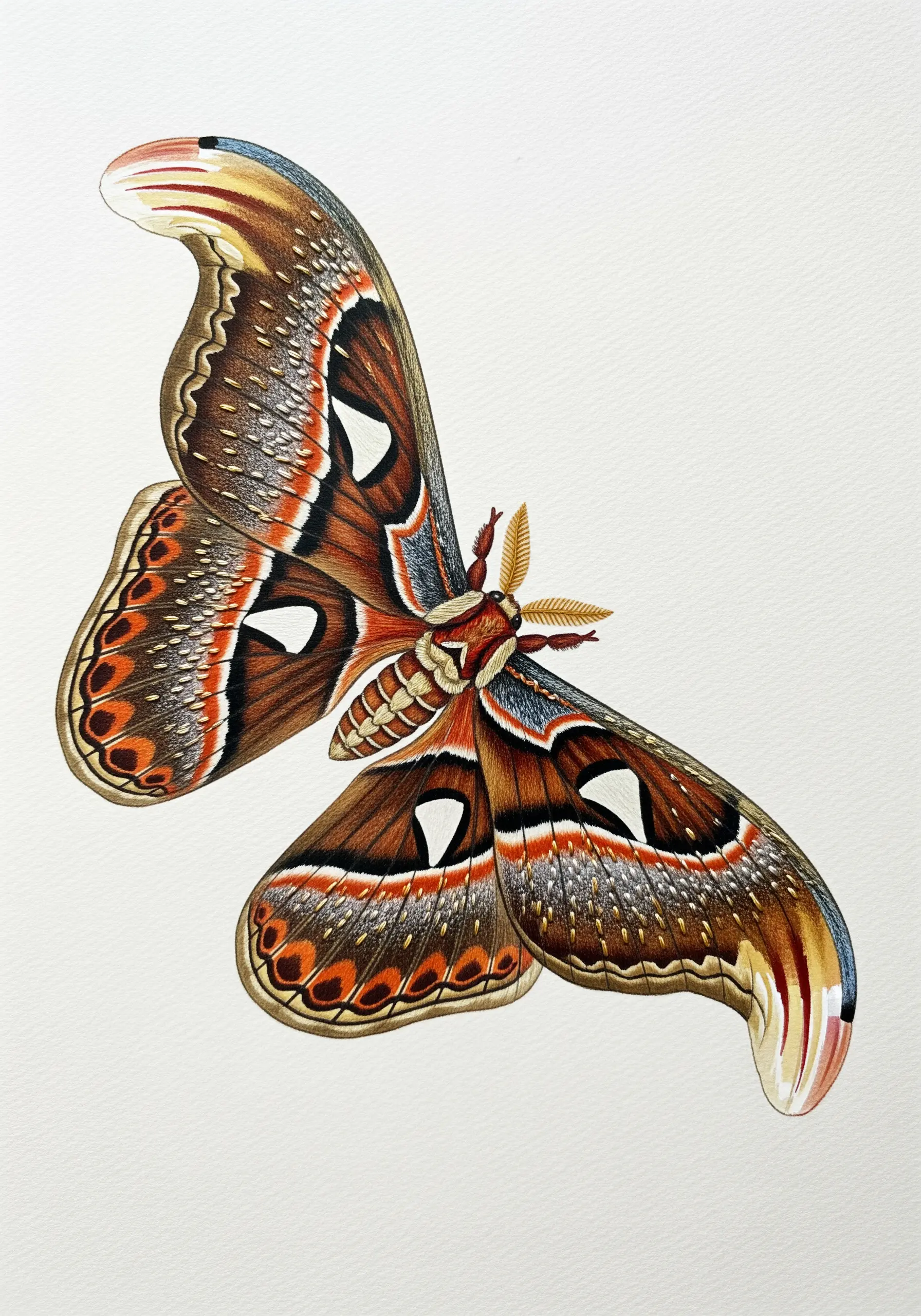 Vintage illustration of a moth with delicate embroidery for the antennae.