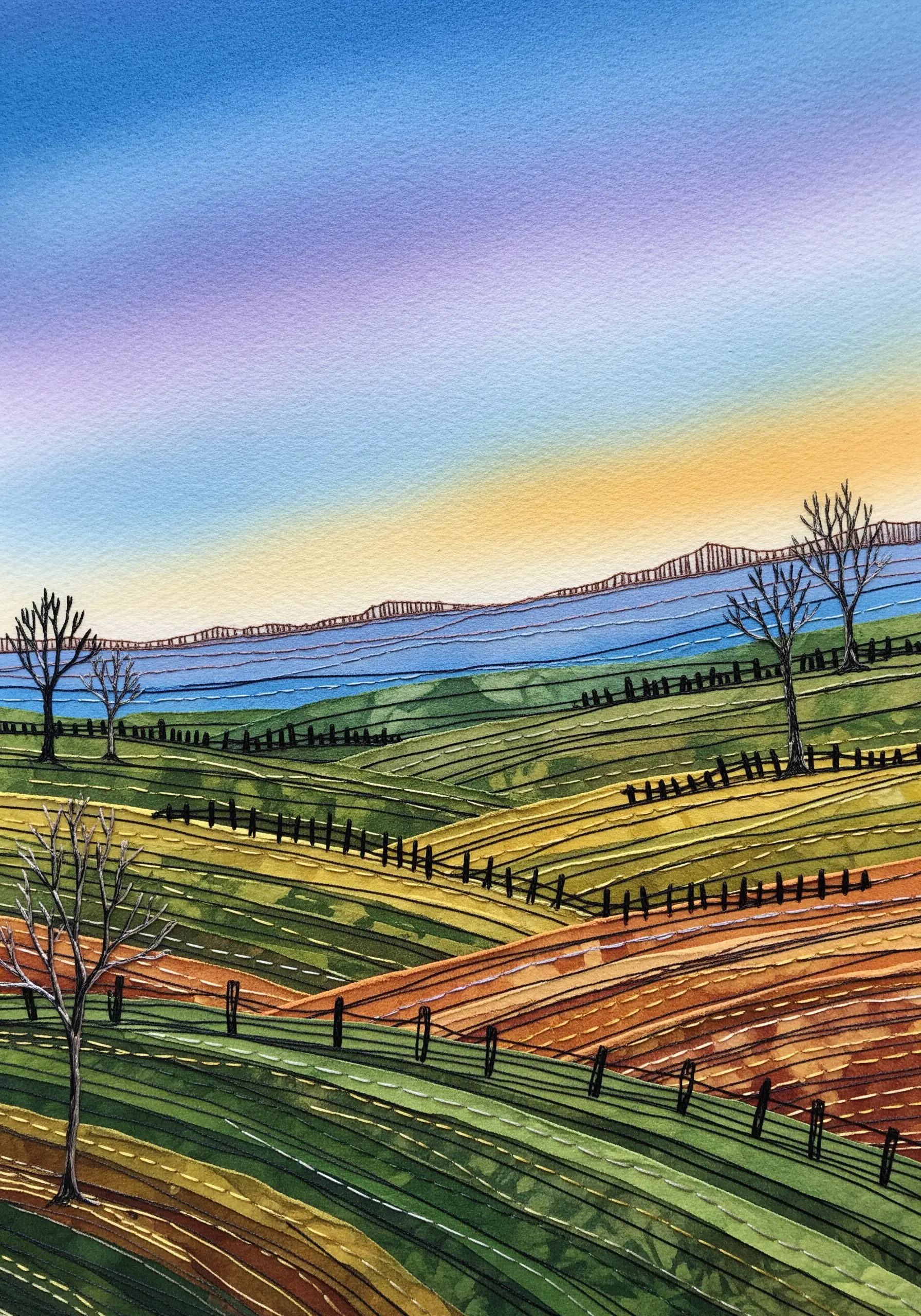 A watercolor landscape with black and white machine stitching used for linear details.