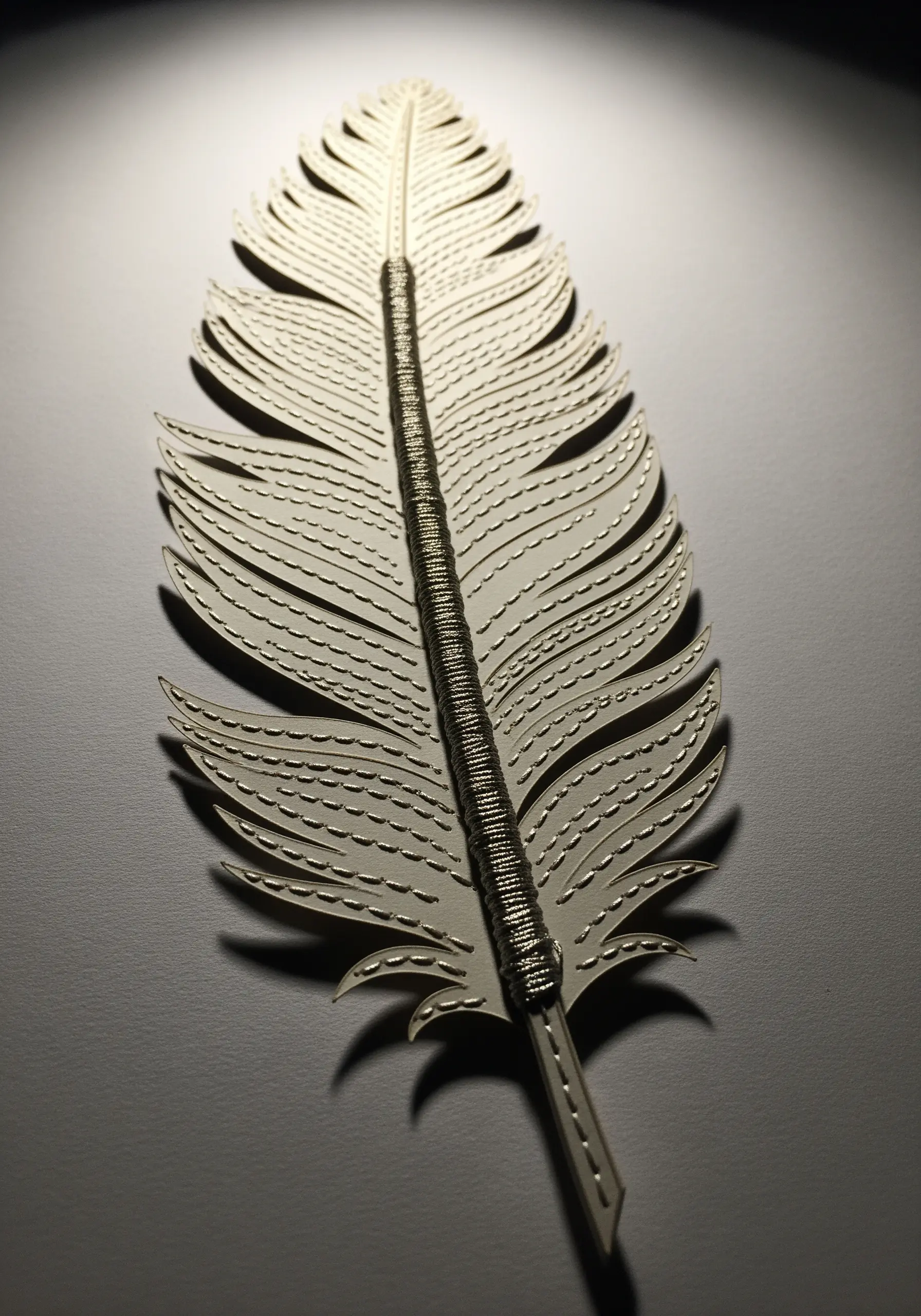 A white papercut feather with its central quill tightly wrapped in silver thread.