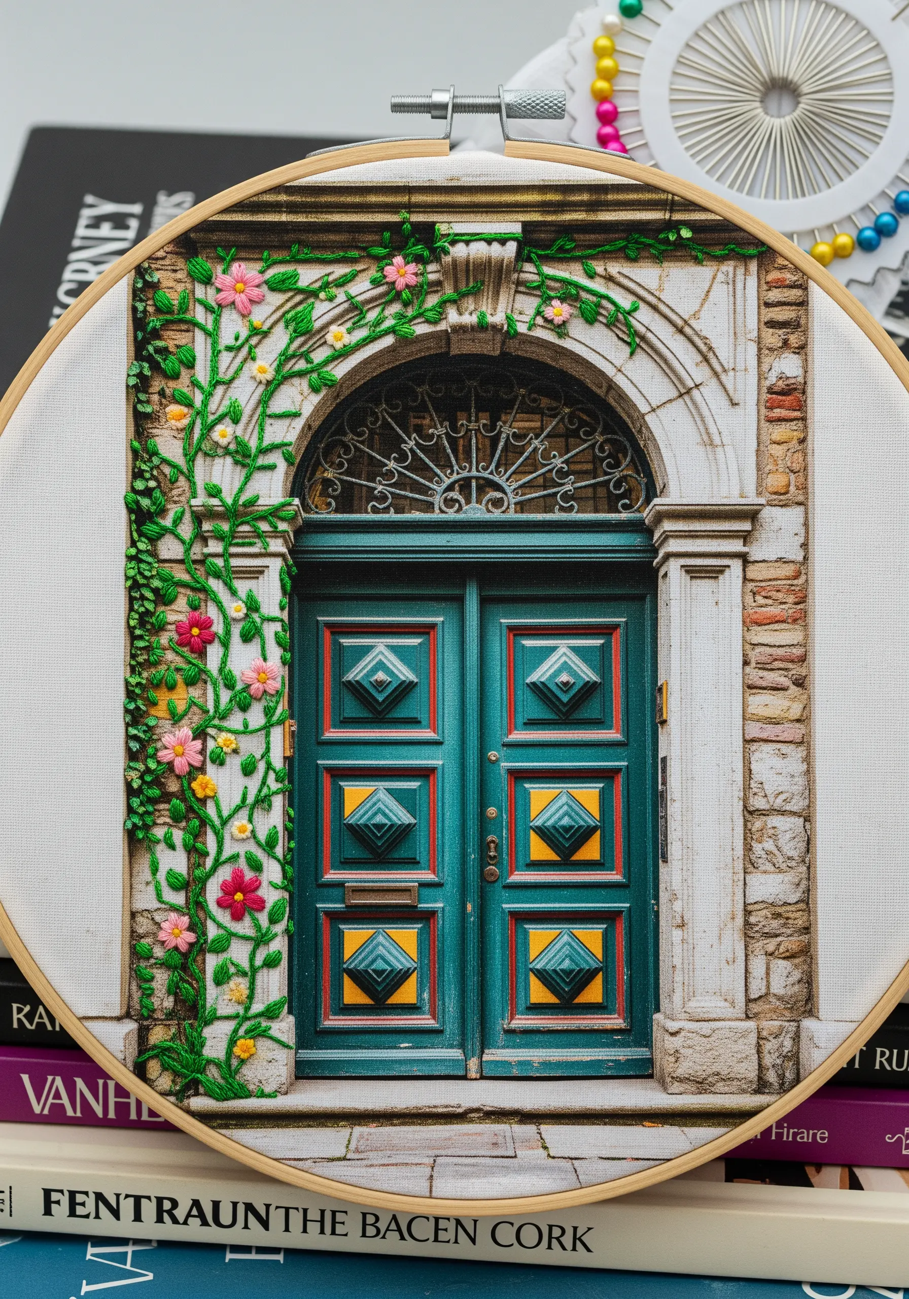 A photograph of an ornate doorway printed on fabric with embroidered vines and flowers.