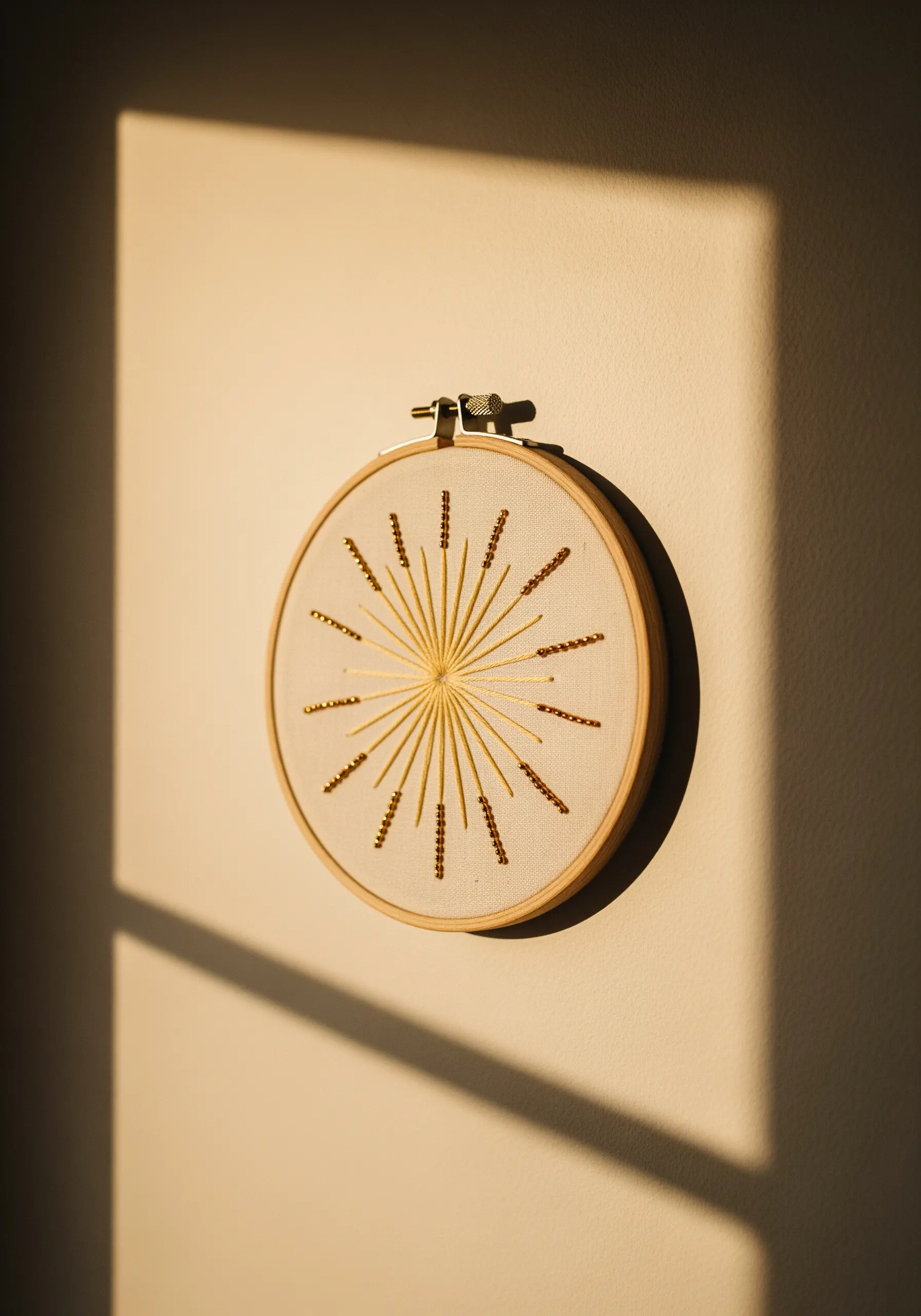 A small, simple sunburst embroidered in gold thread with seed bead accents.