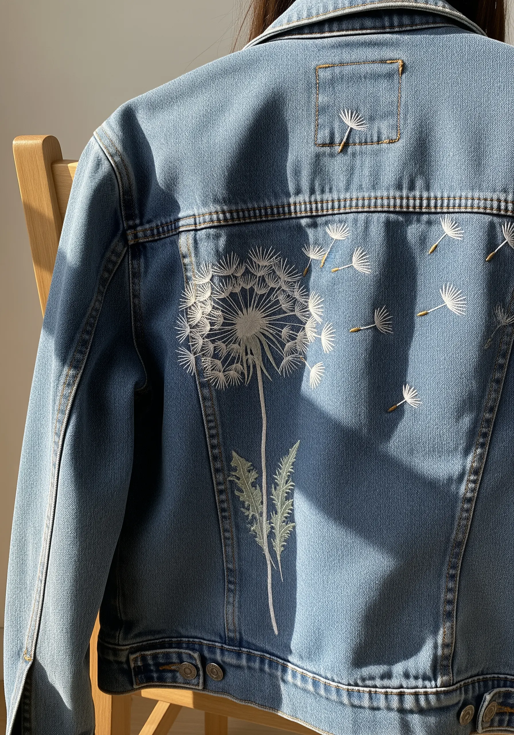 Dandelion and floating seeds embroidered in white thread on the back of a denim jacket.