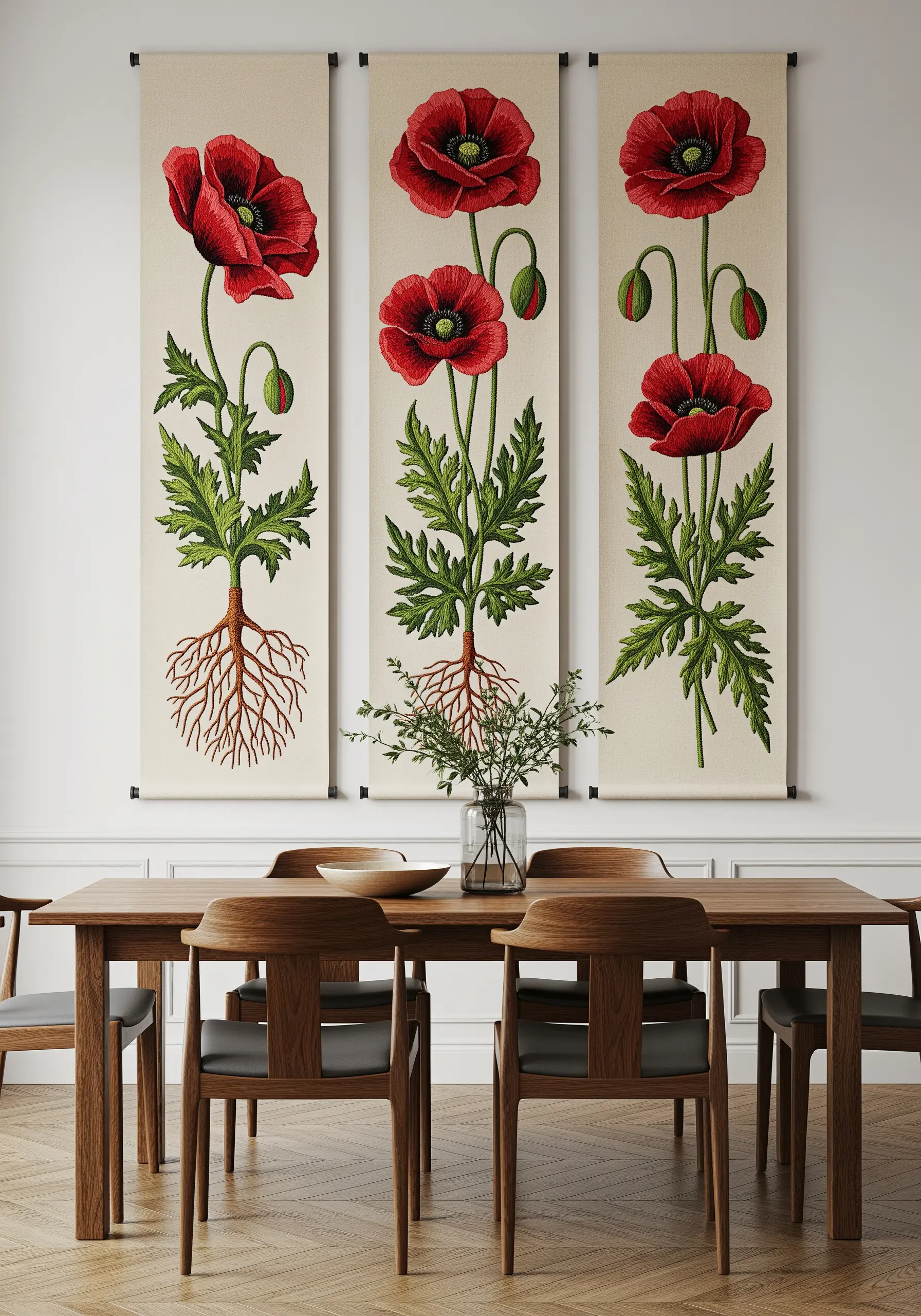 Three vertical wall banners showing botanical illustrations of red poppies with roots.