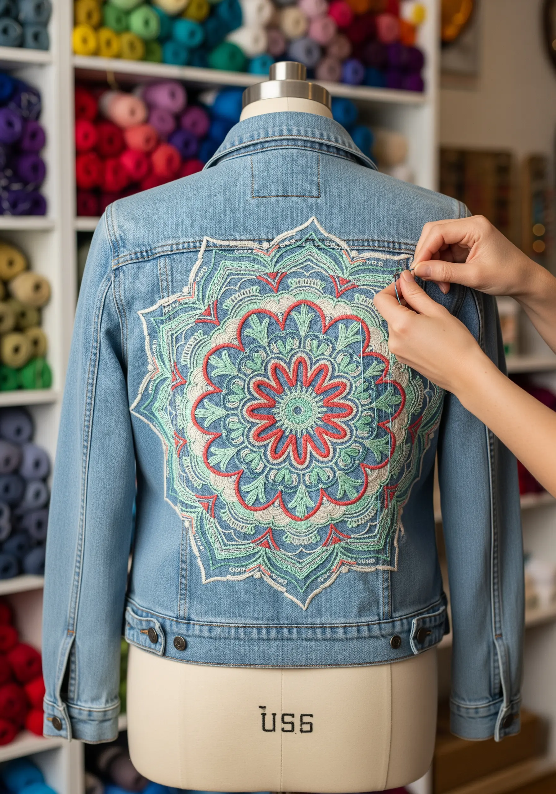 A large, intricate mandala being embroidered onto the back of a denim jacket