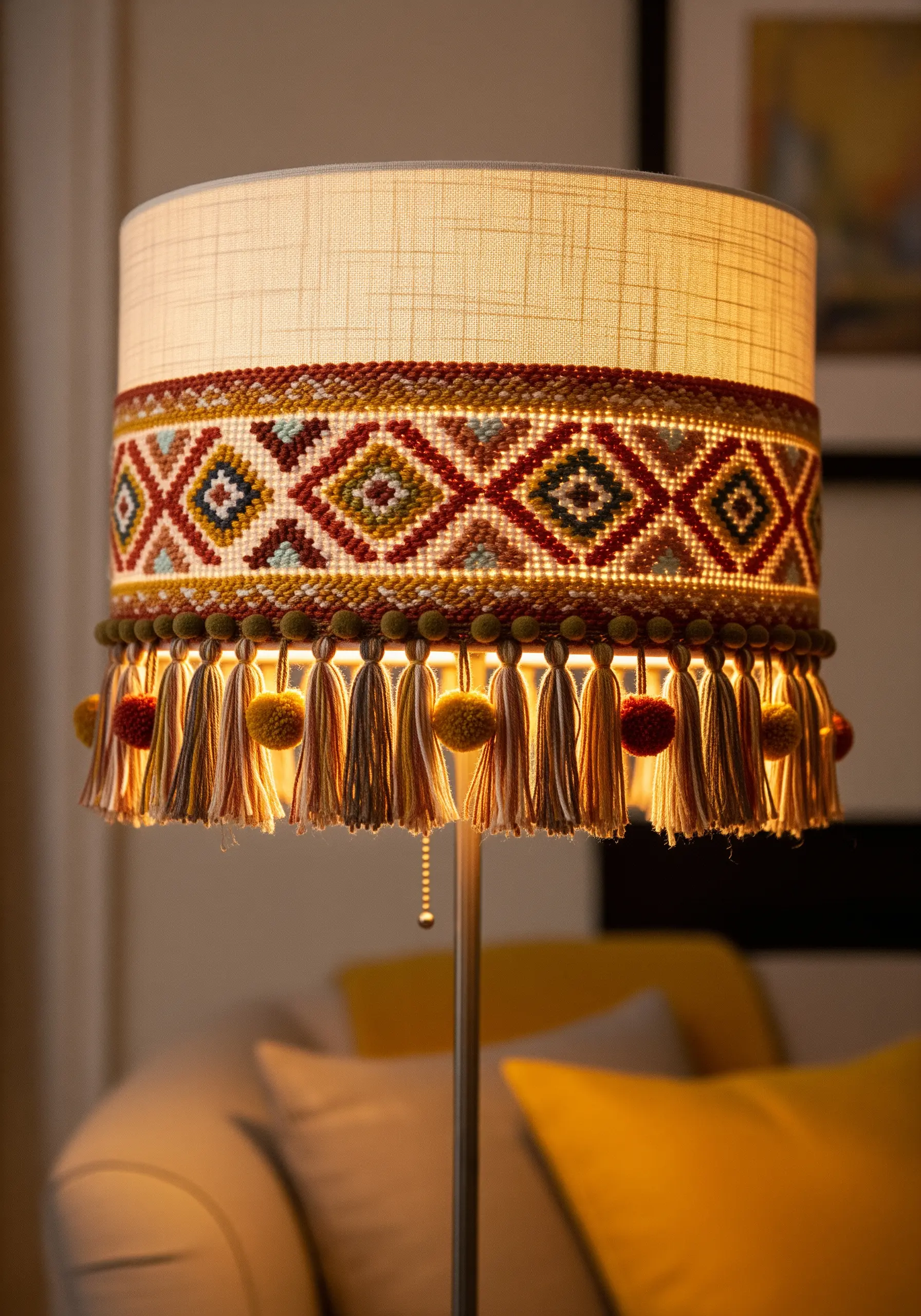 A fabric lampshade with a geometric embroidered band and a fringe of tassels and pom-poms.