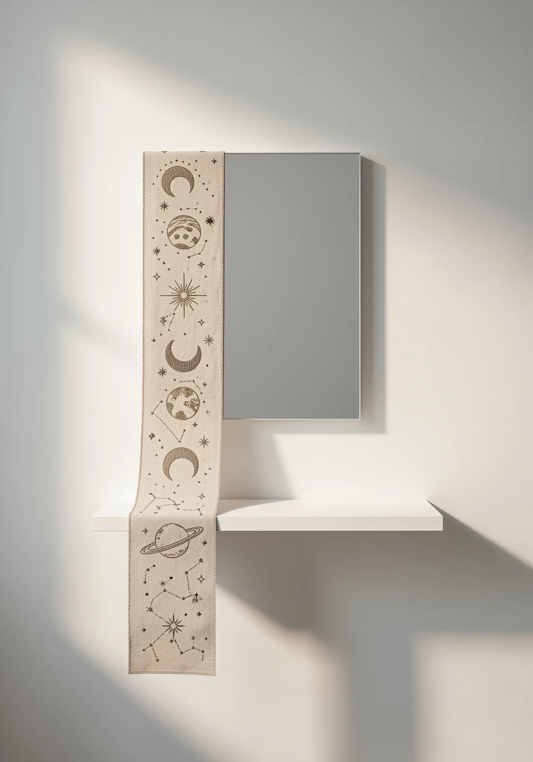 A linen runner with celestial embroidery draped asymmetrically over a minimalist mirror and shelf.