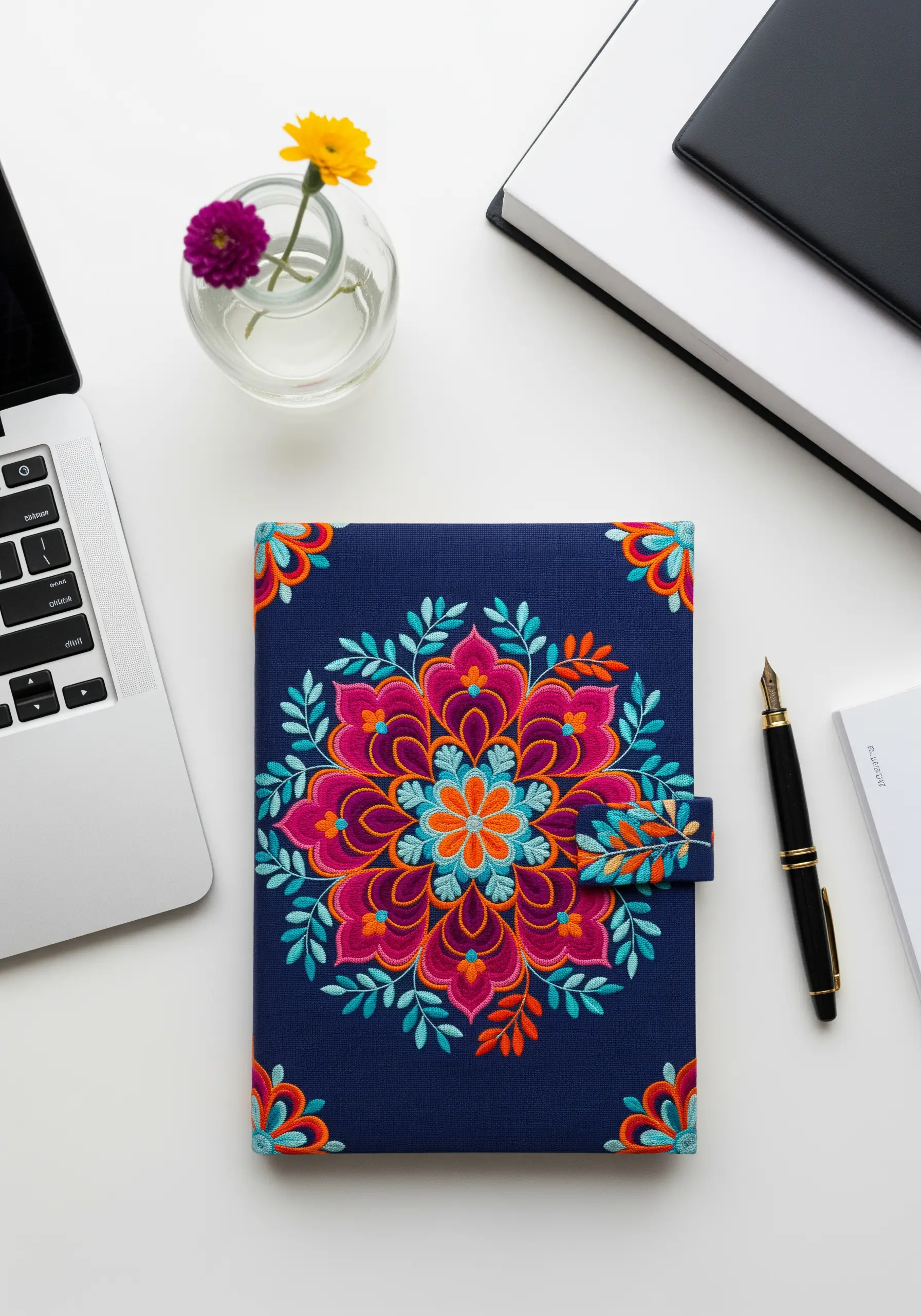 A navy blue journal cover completely covered with a vibrant, symmetrical floral mandala embroidery design.