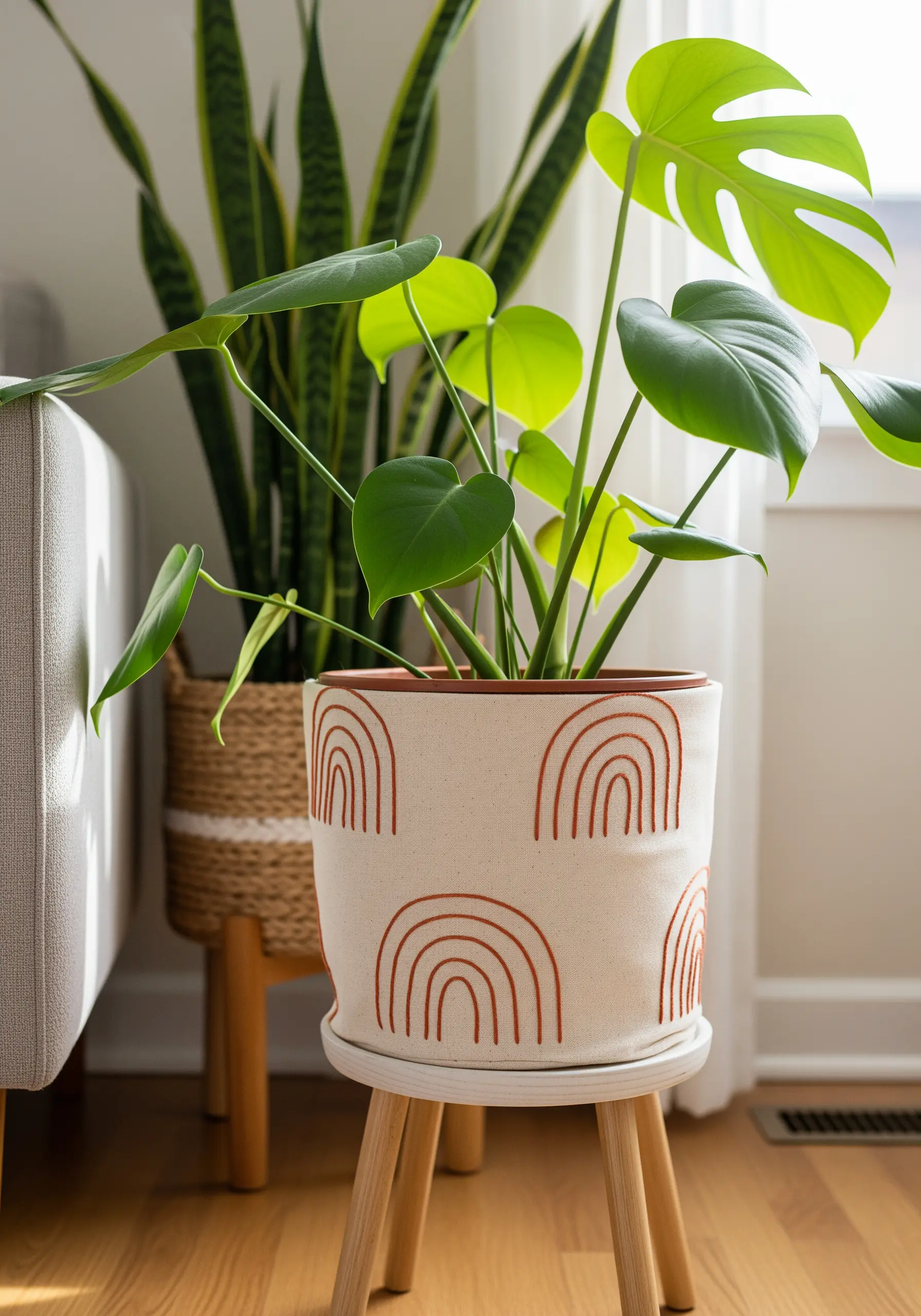 A fabric-covered planter embroidered with minimalist terracotta-colored rainbow arches.