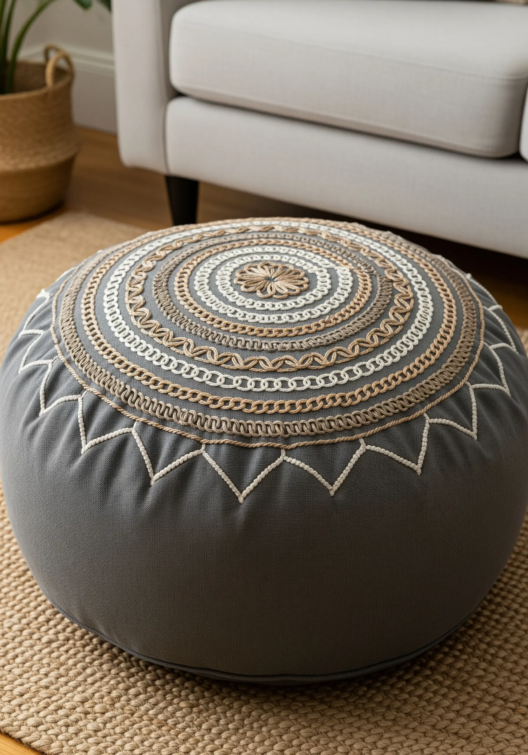 A gray floor pouf with a large, circular embroidered design in white and beige.