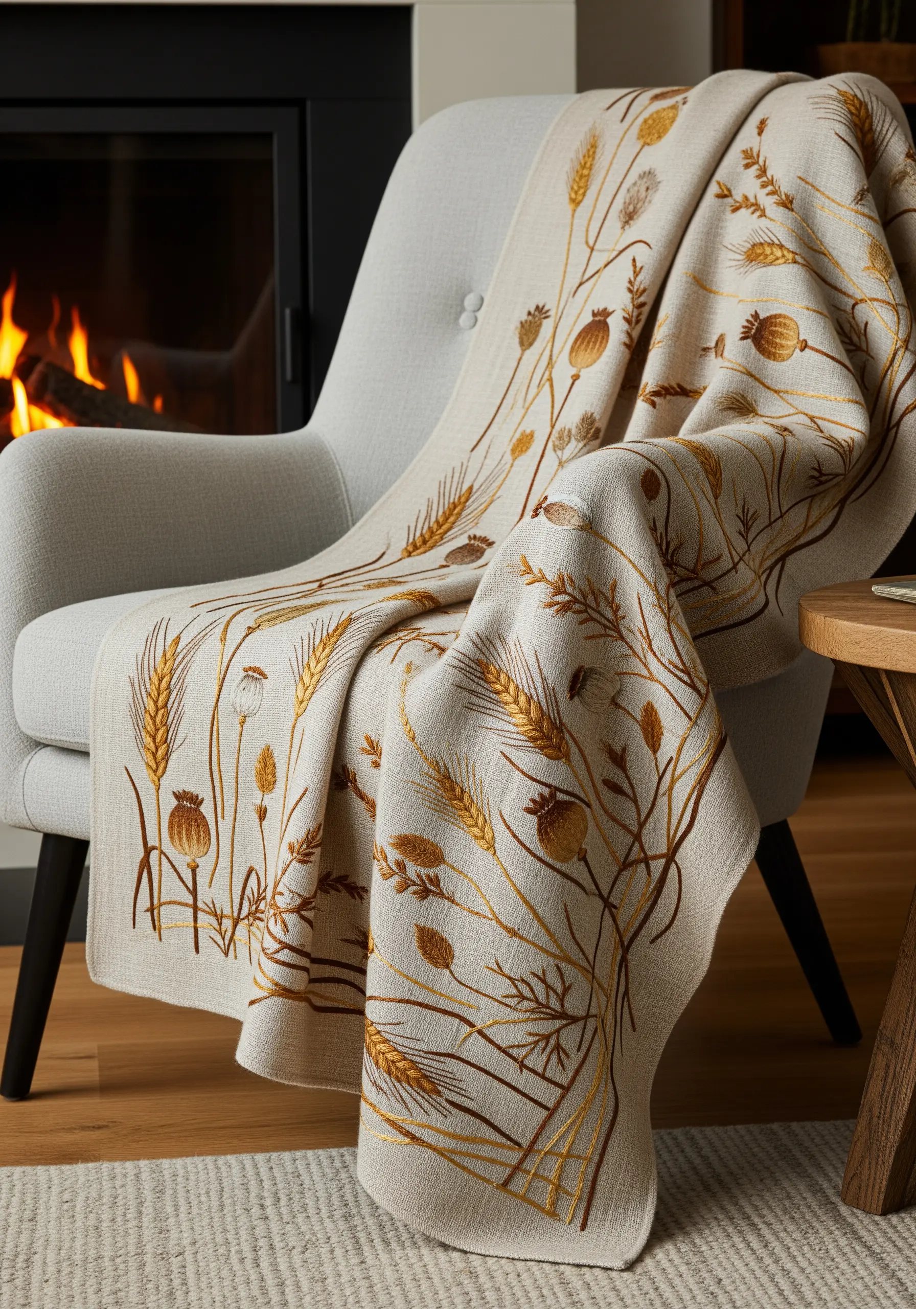 A neutral linen throw blanket embroidered with a pattern of golden wheat and poppy seed heads.