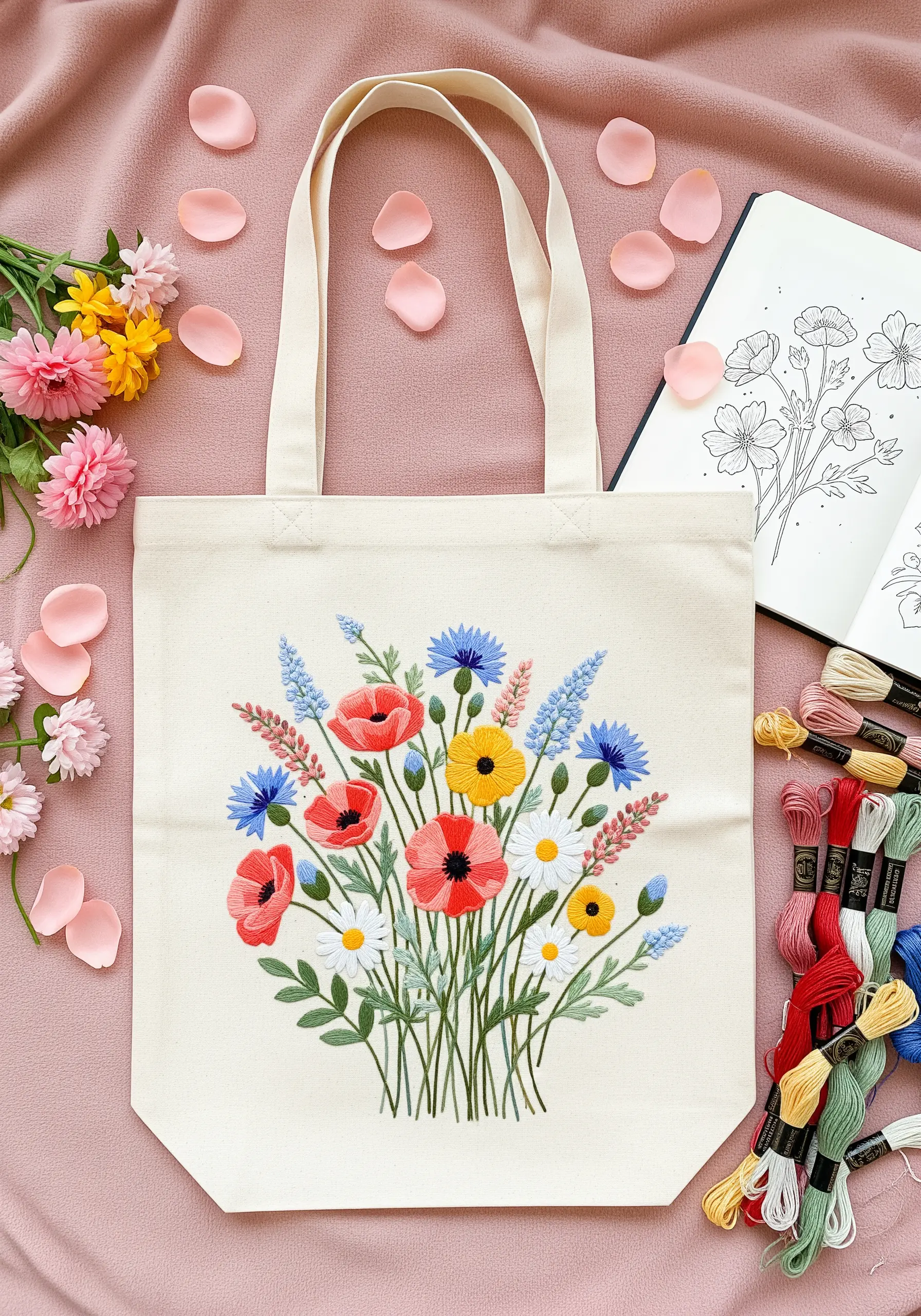 A canvas tote bag embroidered with a colorful bouquet of poppies, daisies, and cornflowers.