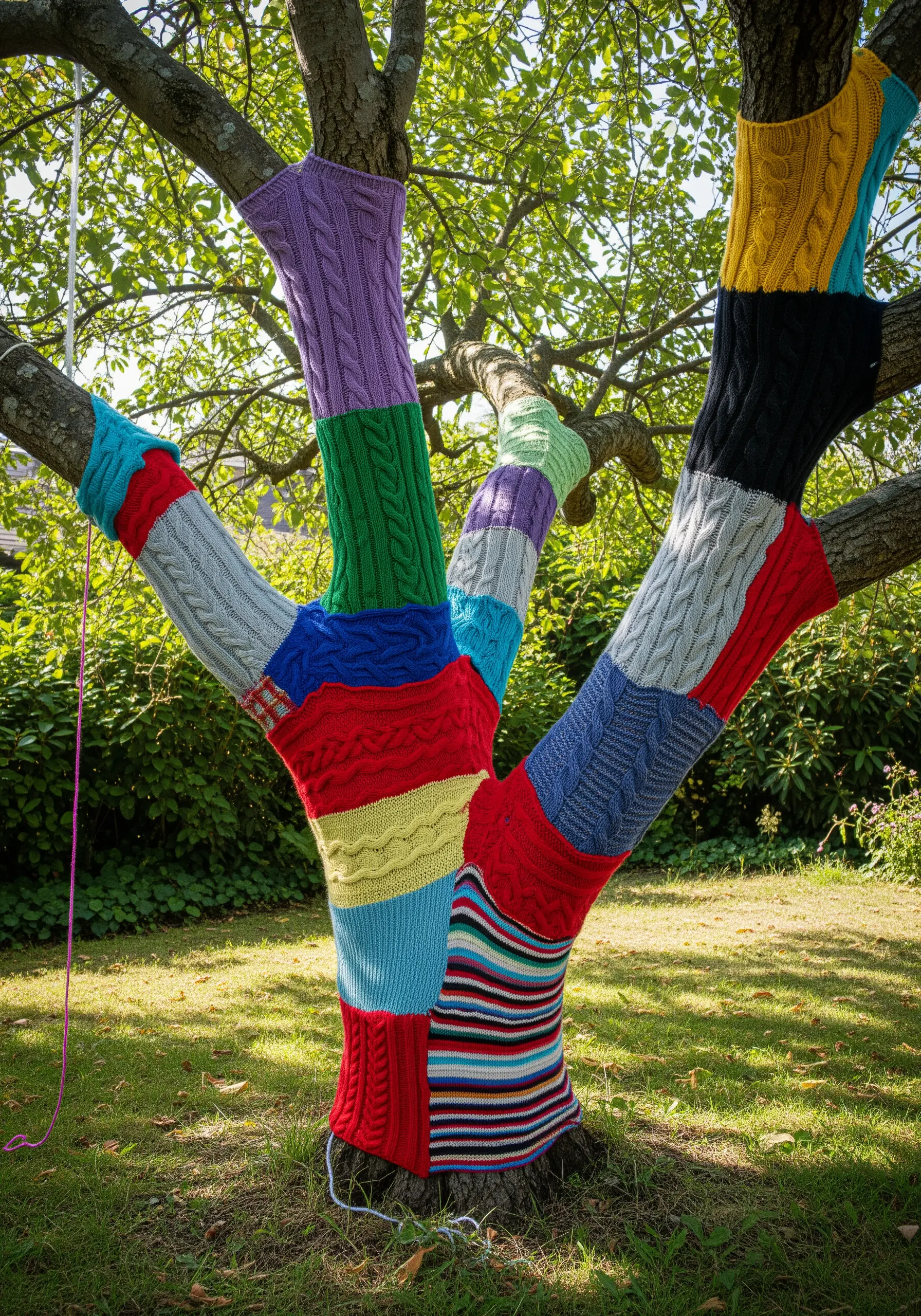 A tree in a garden with its trunk and branches wrapped in colorful, patched-together knitting.