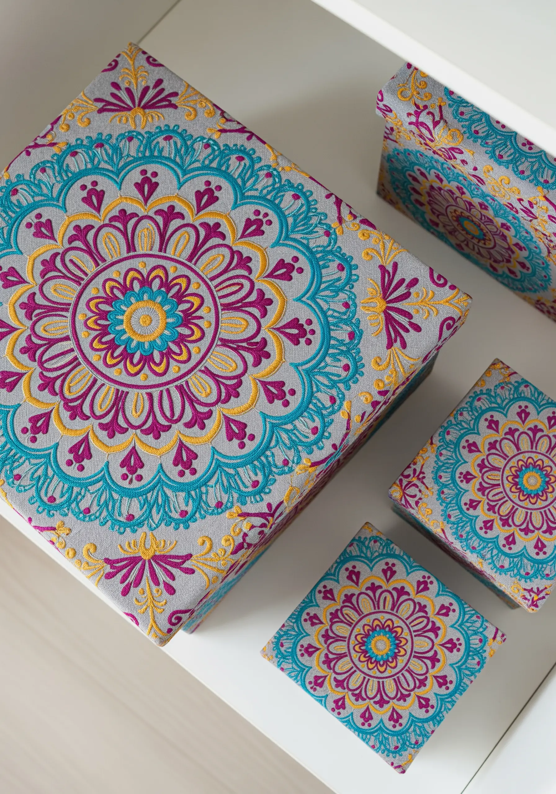 Decorative boxes covered in fabric embroidered with a colorful, symmetrical mandala pattern.