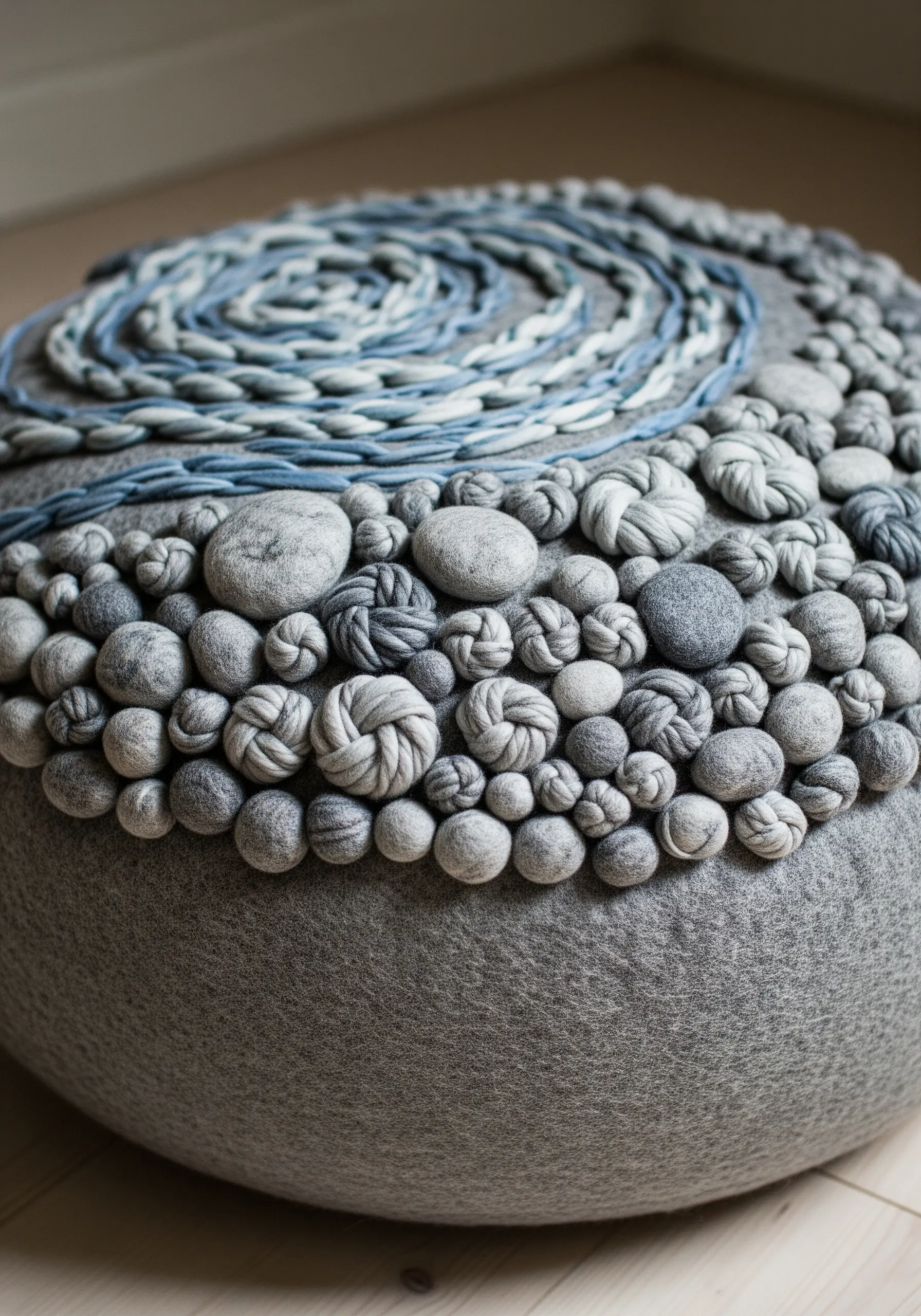 A grey felt pouf covered in a dense texture of handmade fabric knots in shades of grey and blue.