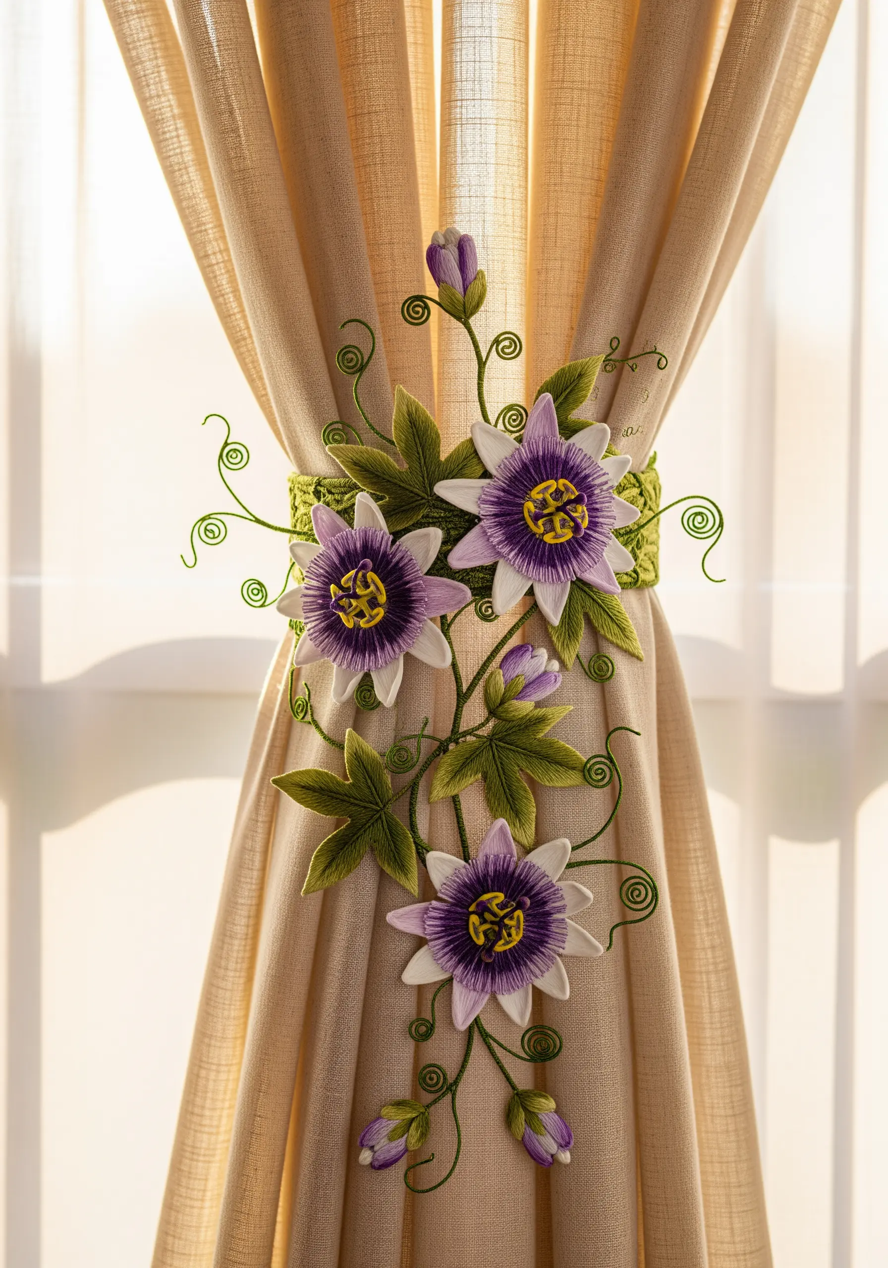 An embroidered curtain tie-back featuring dimensional passion flowers with purple and white petals.