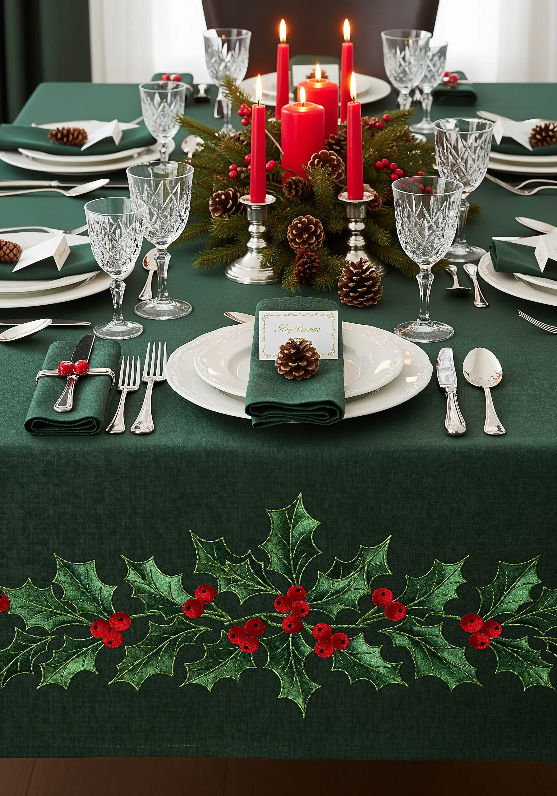 Festive holly and red berry embroidery border on a dark green tablecloth.