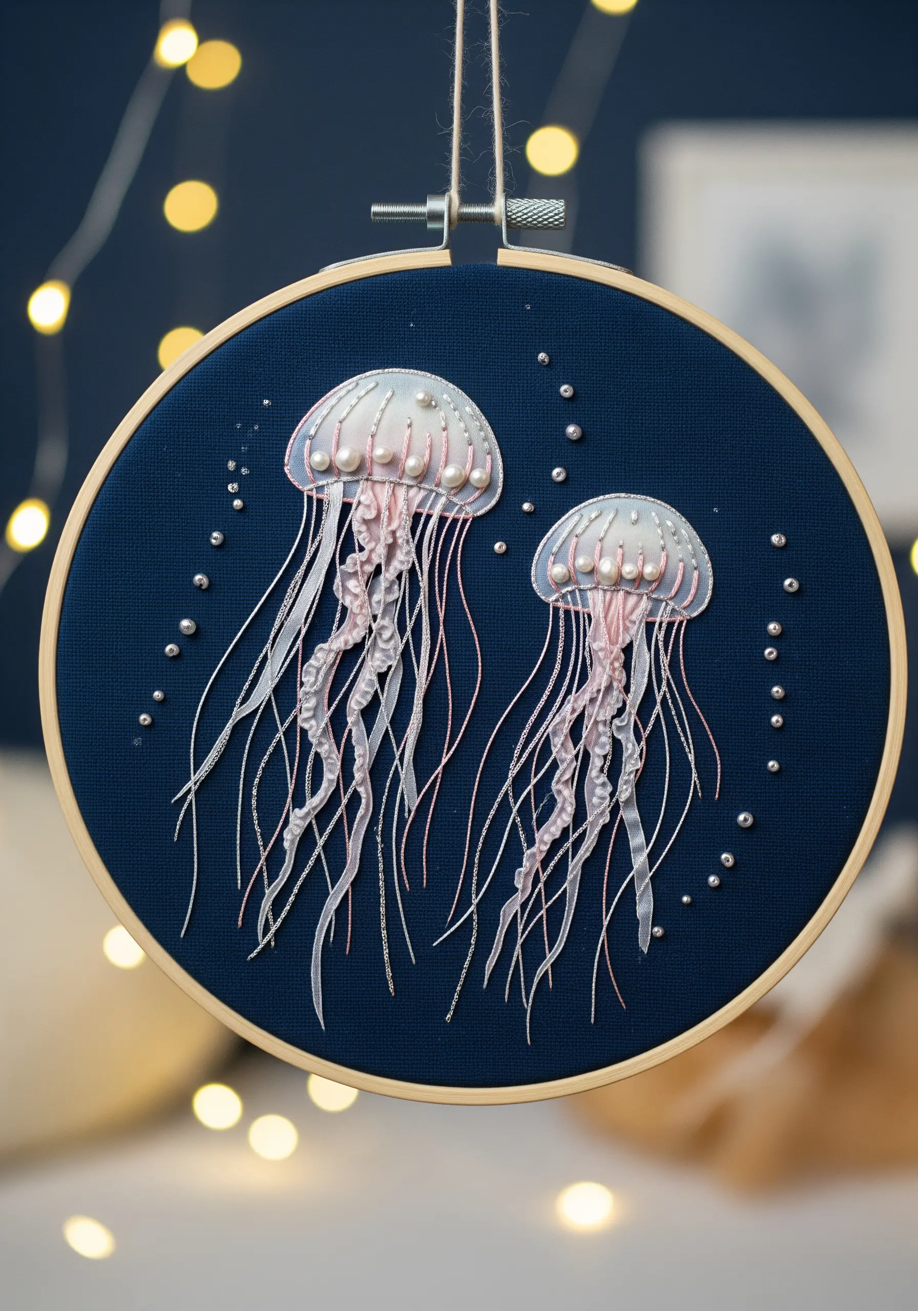 Embroidered jellyfish embellished with pearls, beads, and sheer ribbon tentacles.