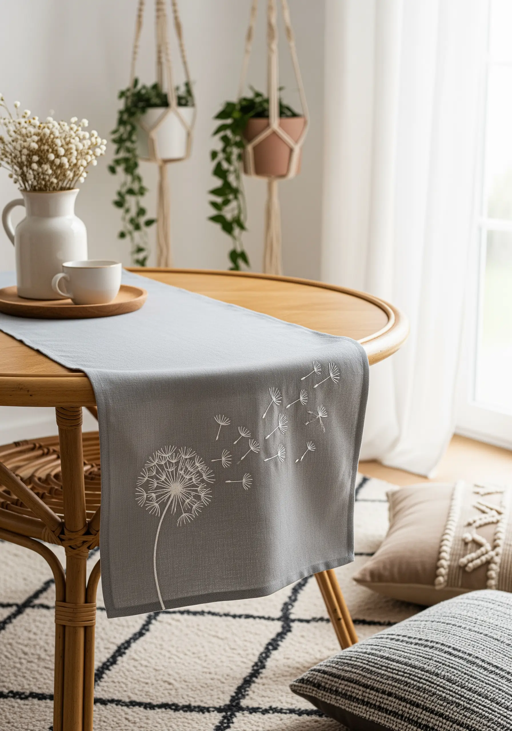 A dandelion with seeds blowing away, embroidered in white on a gray runner
