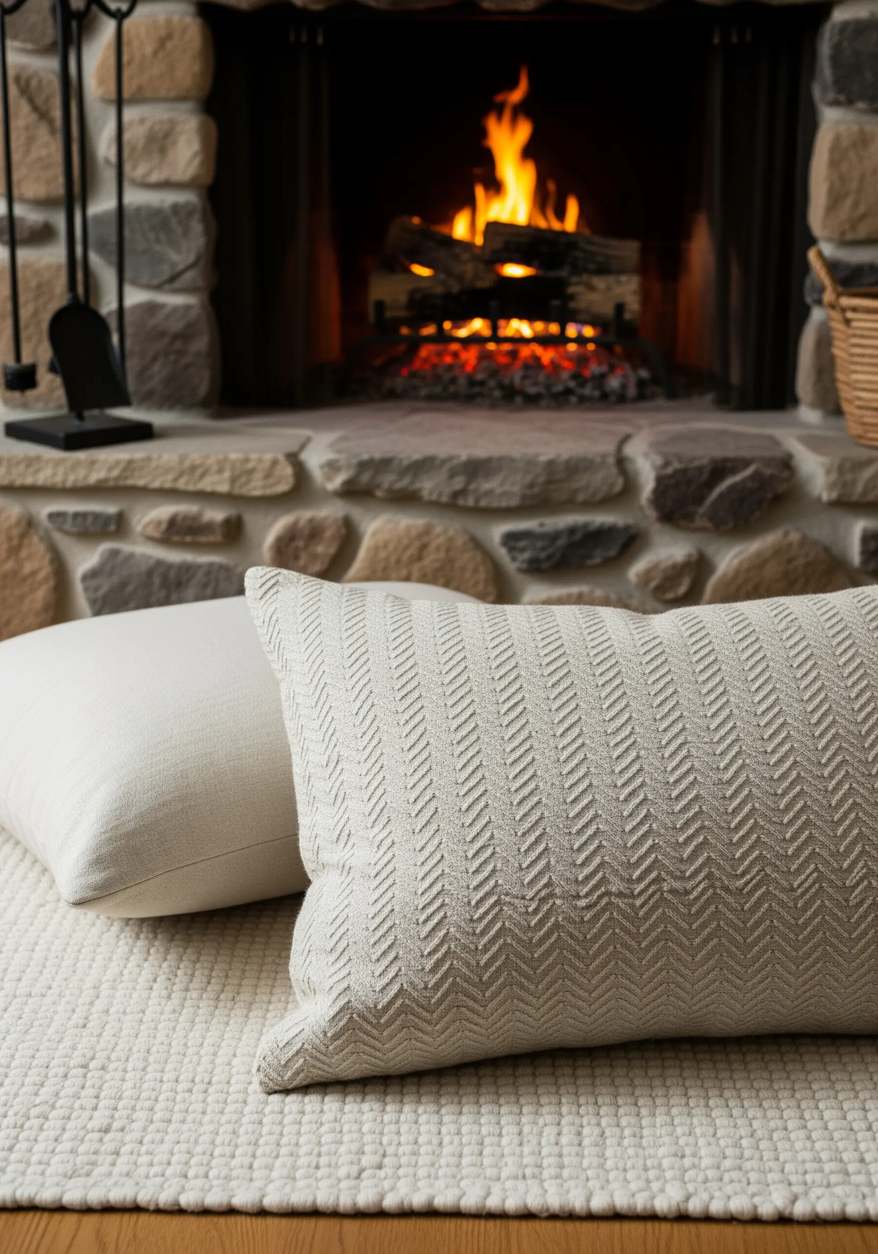 A full-coverage herringbone stitch pattern creating a woven texture on a pillow.
