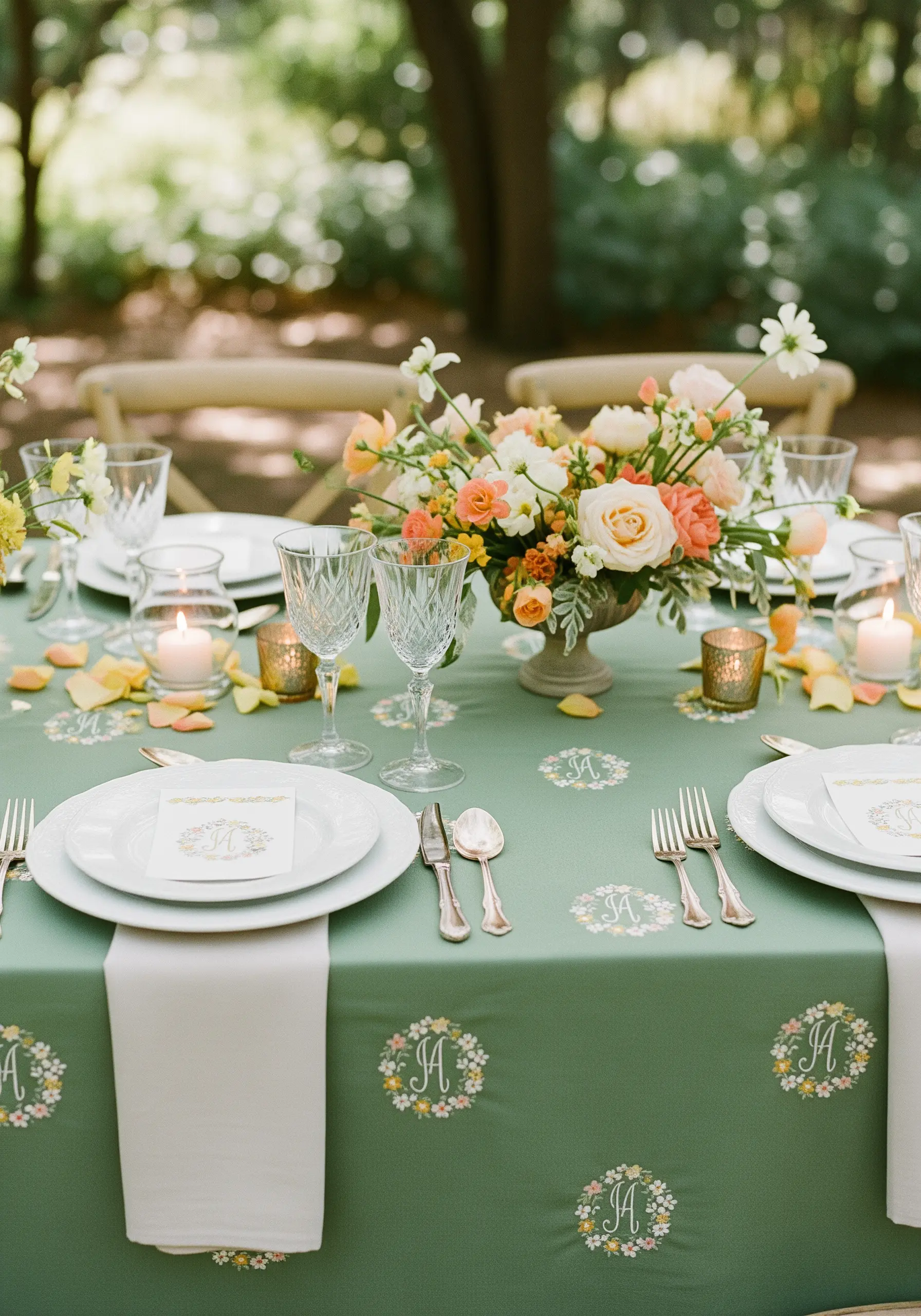 A sage green tablecloth featuring a repeating pattern of small floral wreath 'JA' monograms.