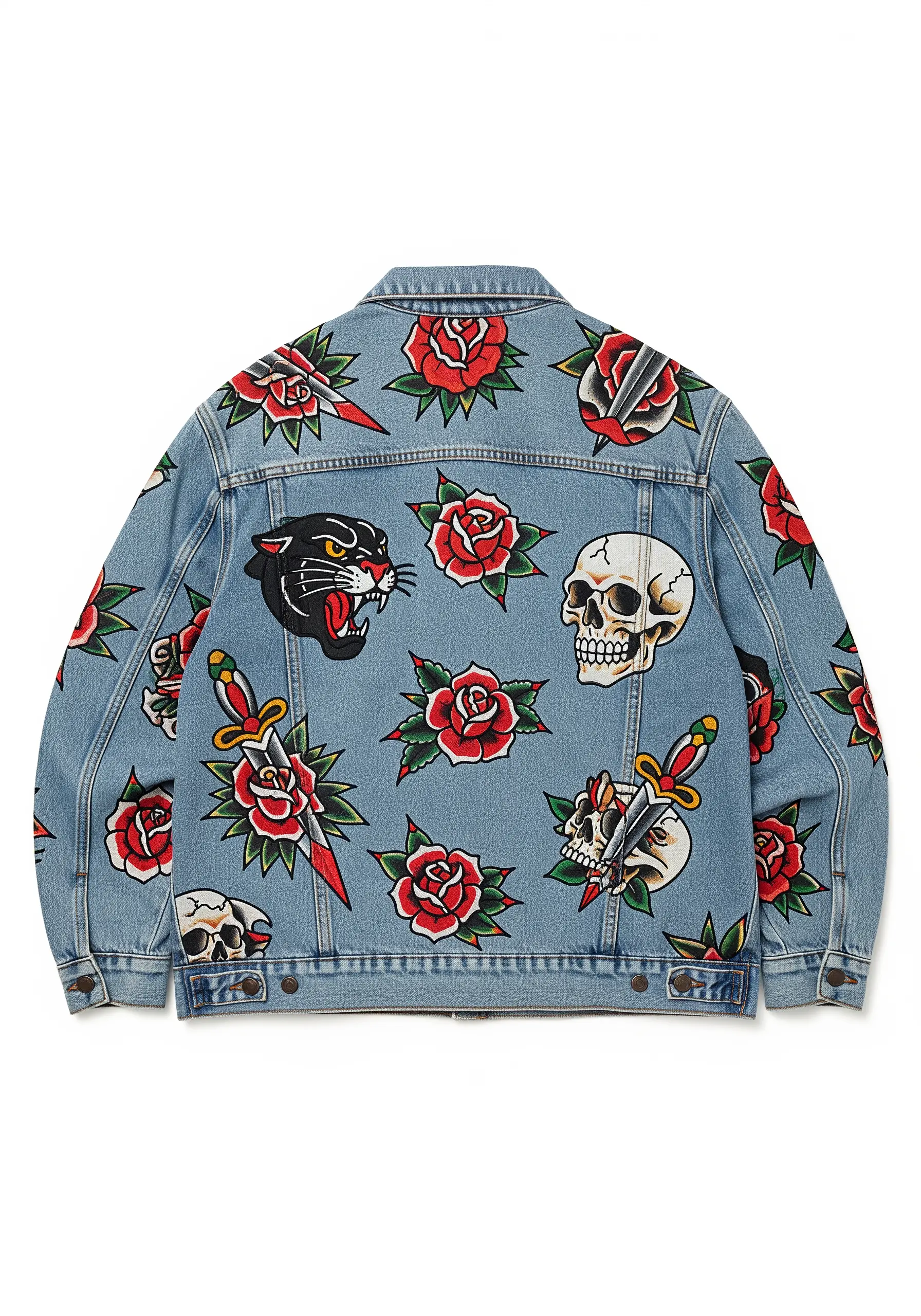Traditional tattoo flash designs like skulls, roses, and panthers embroidered on a denim jacket.