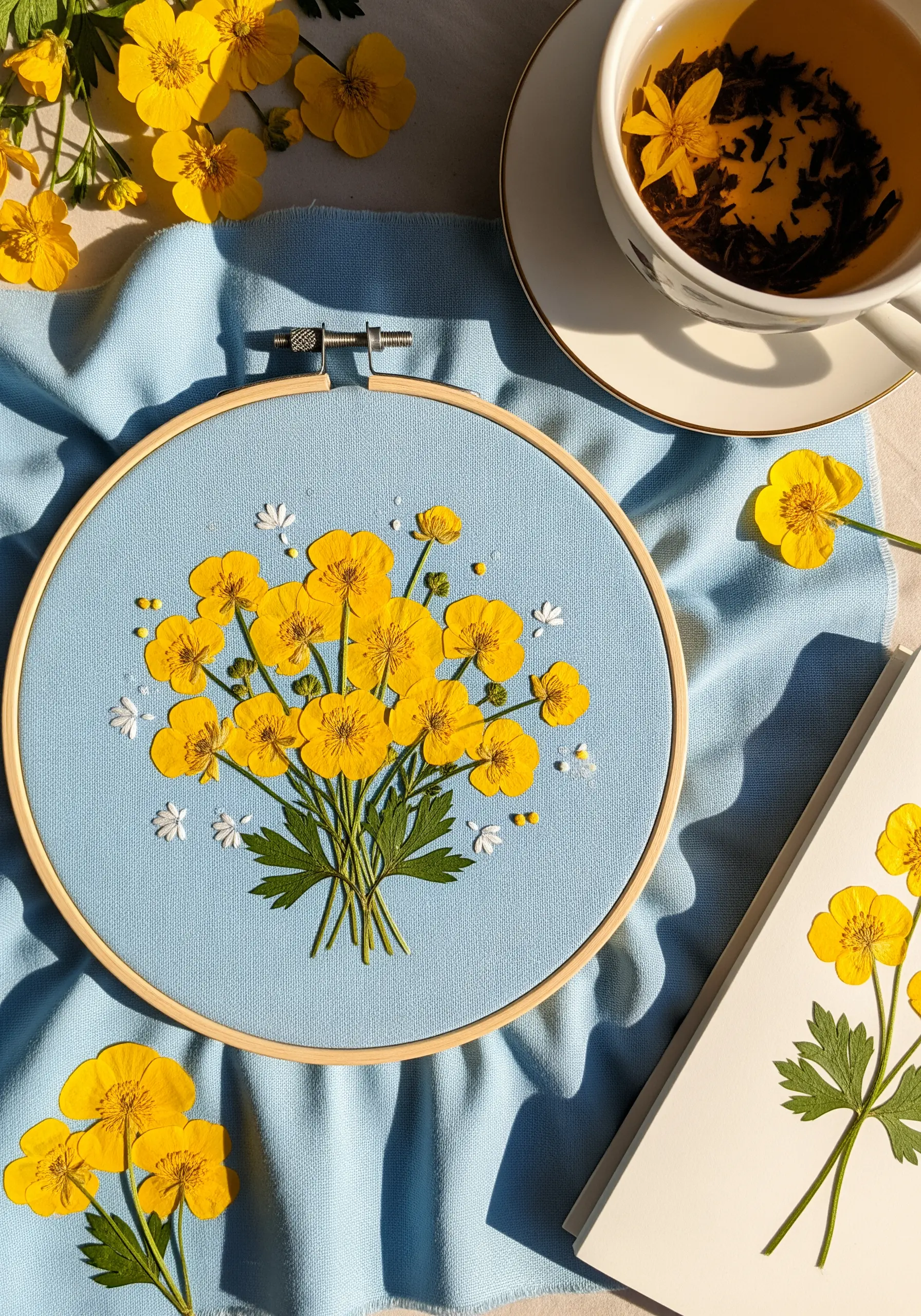 A vibrant bouquet of pressed yellow buttercups stitched onto a light blue fabric.