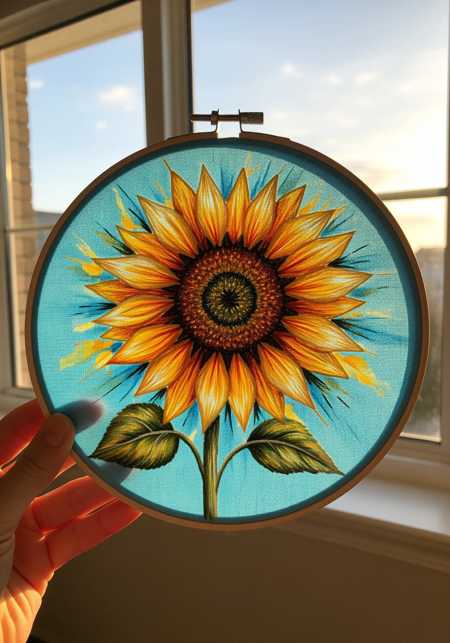 A vibrant sunflower with thread-painted petals against a bright blue painted background.