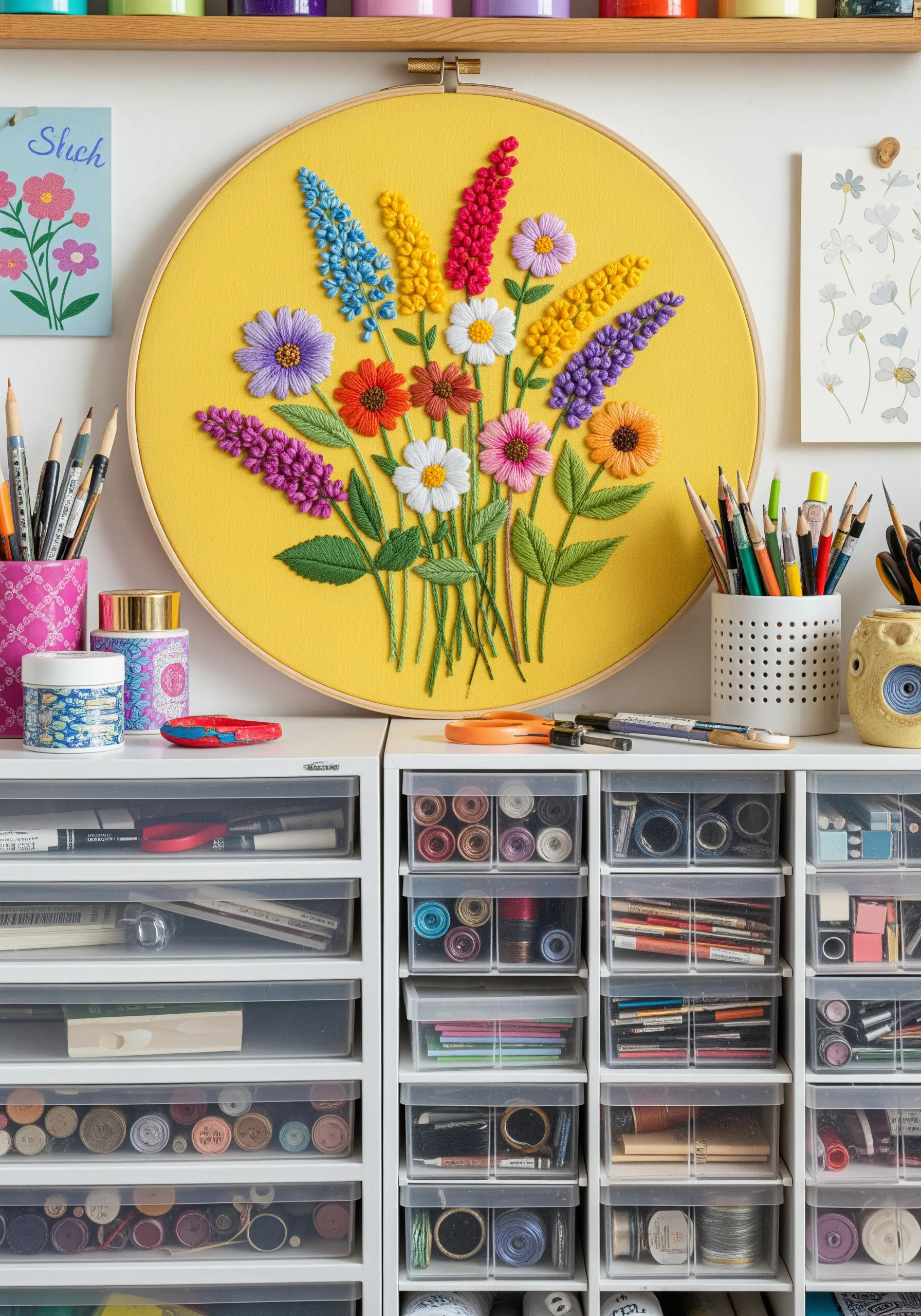 A colorful wildflower bouquet with textured stitches on a bright yellow fabric background.