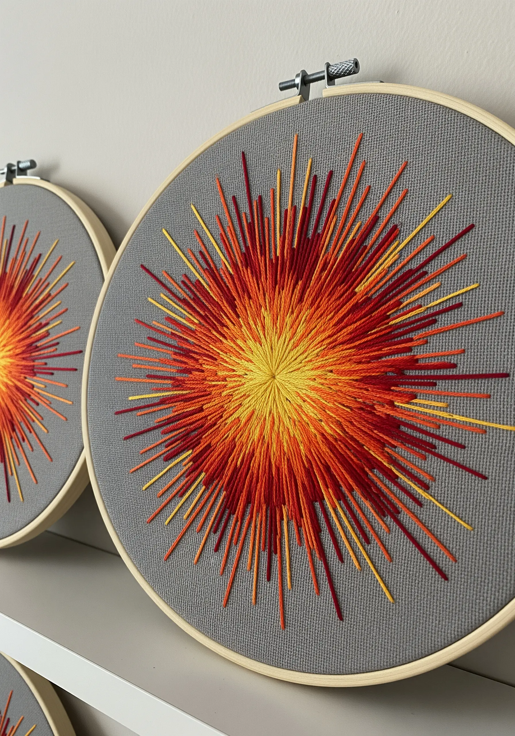 An explosive starburst of red, orange, and yellow stitches on a gray fabric background.