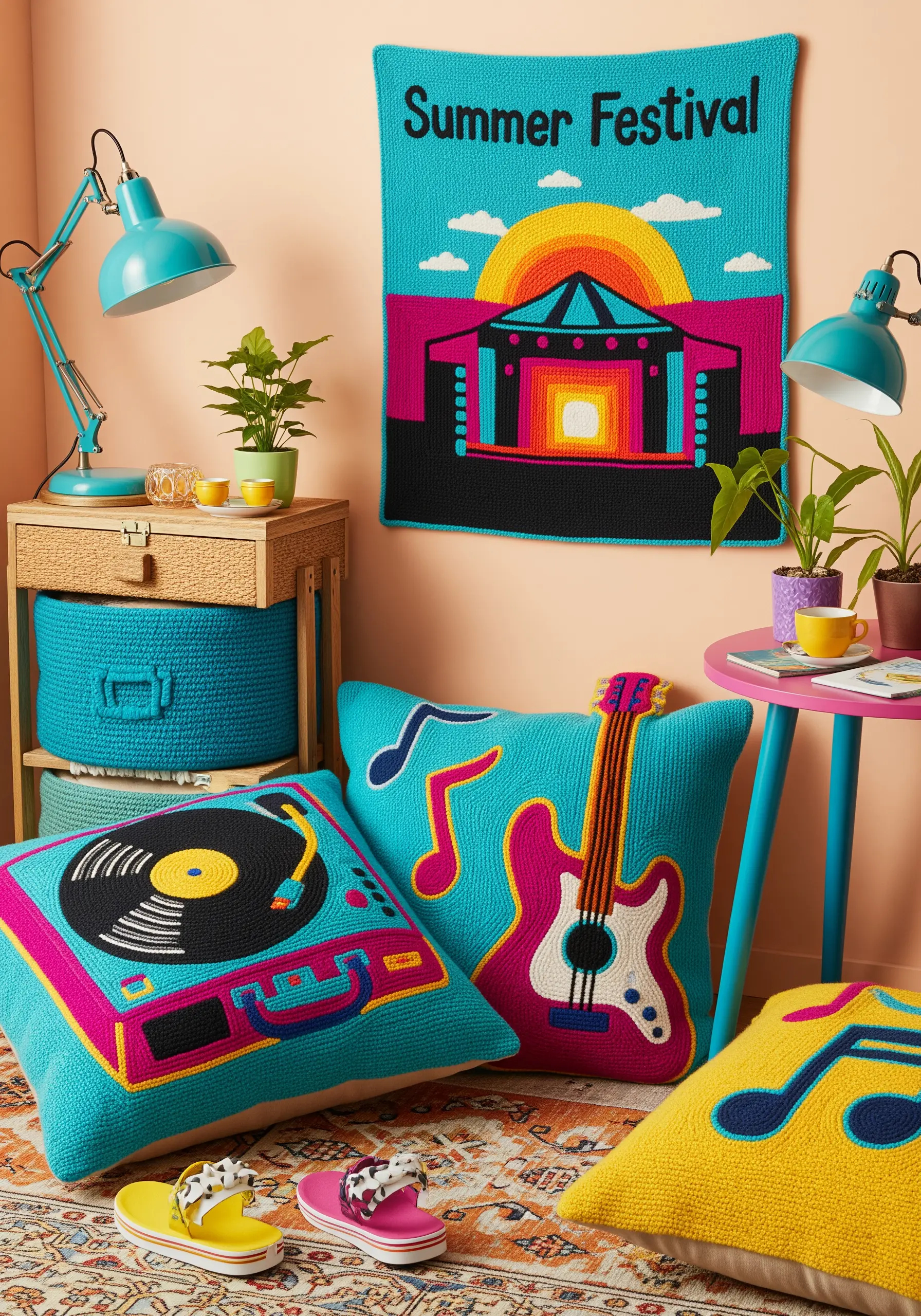 Colorful pillows and wall art with embroidered pop-art designs of a record player, guitar, and music notes.