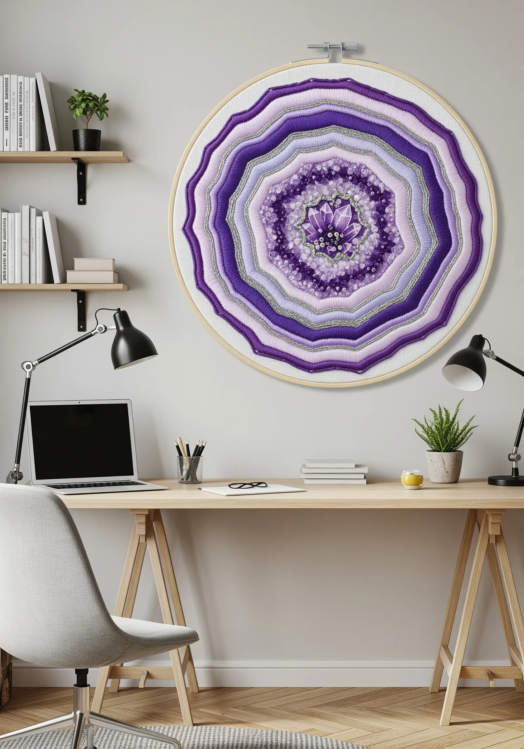 A large embroidery hoop with an abstract amethyst geode design in purples, whites, and metallics.