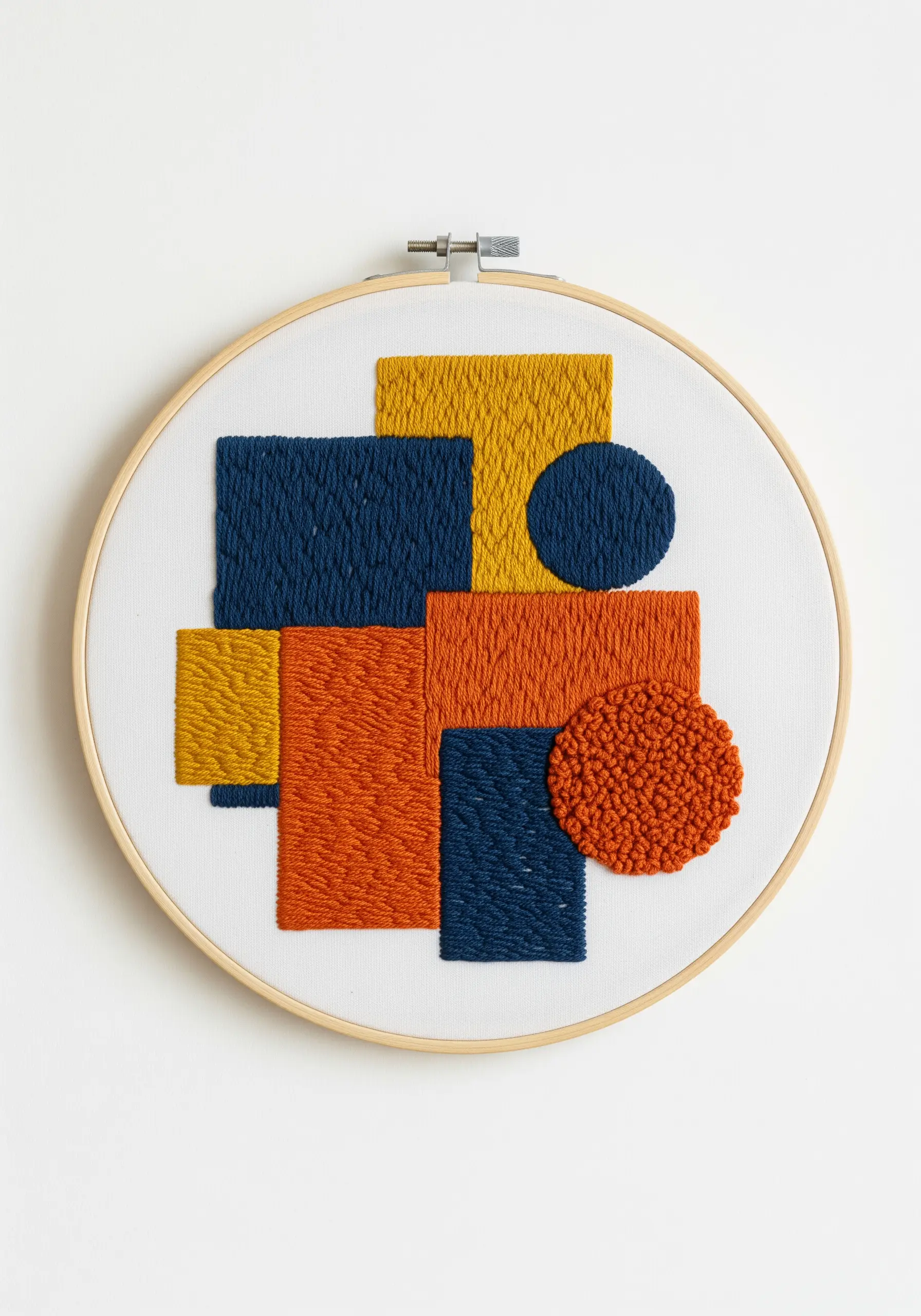 An abstract geometric design with blocks of color filled with satin stitch and French knots.