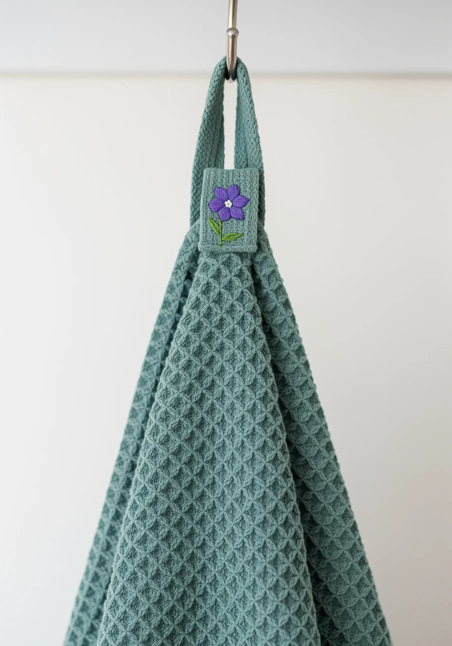 A single purple flower with five satin-stitched petals on a towel's hanging loop.