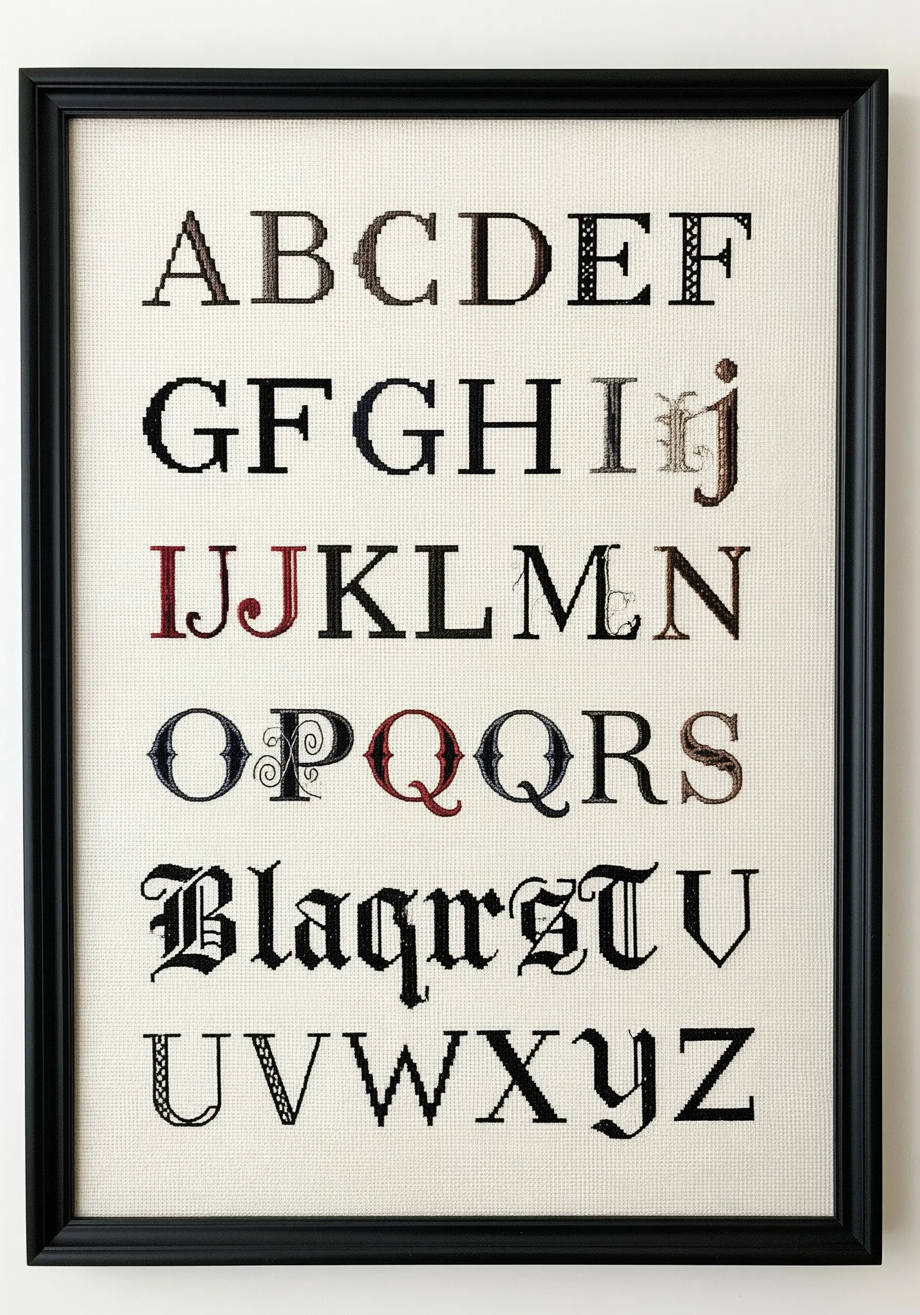 An alphabet sampler featuring letters in various historical and modern font styles.