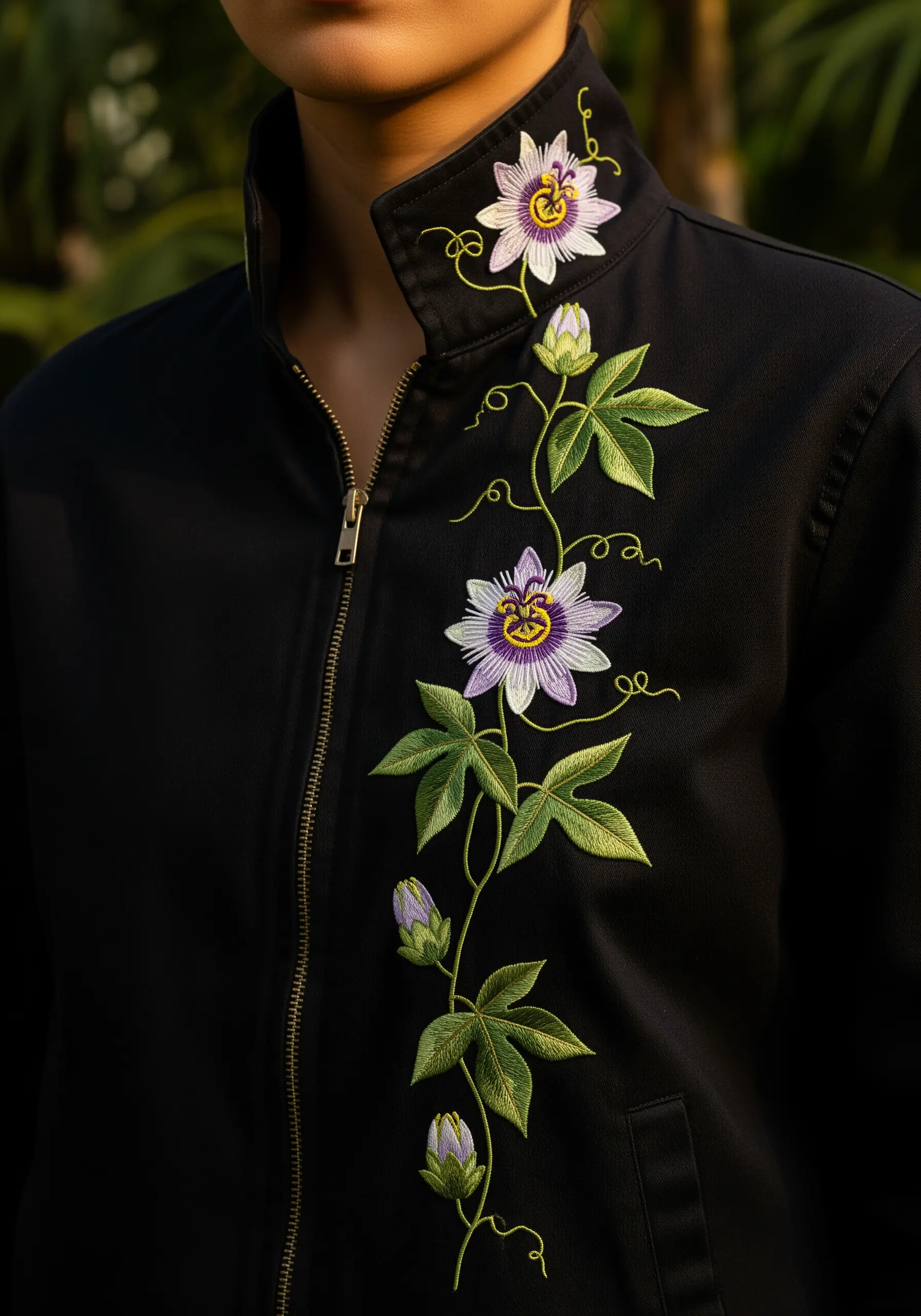 A climbing passion flower vine with flowers and leaves embroidered along a jacket's zipper.