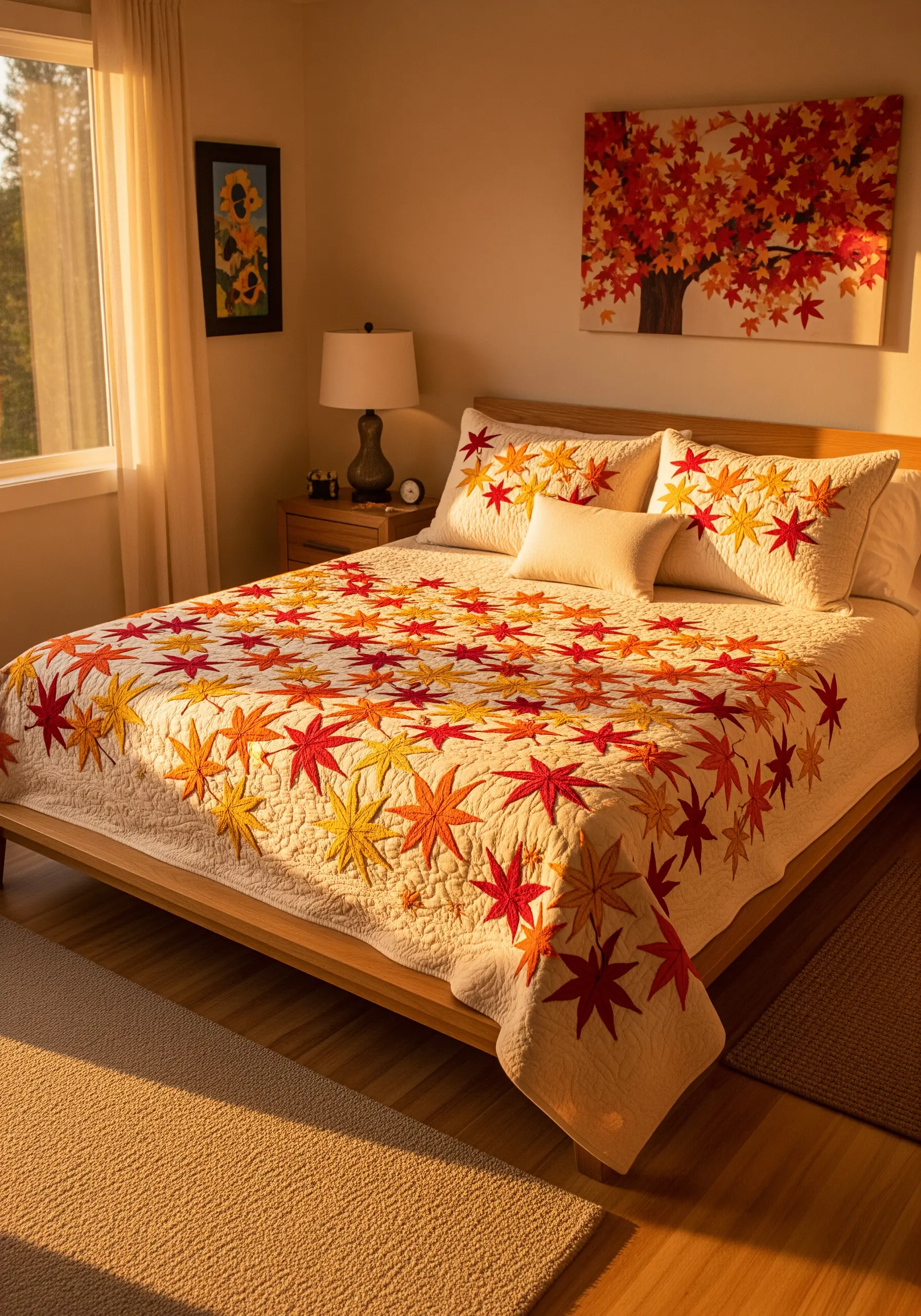 A quilt covered in embroidered and appliquéd maple leaves in autumn colors.