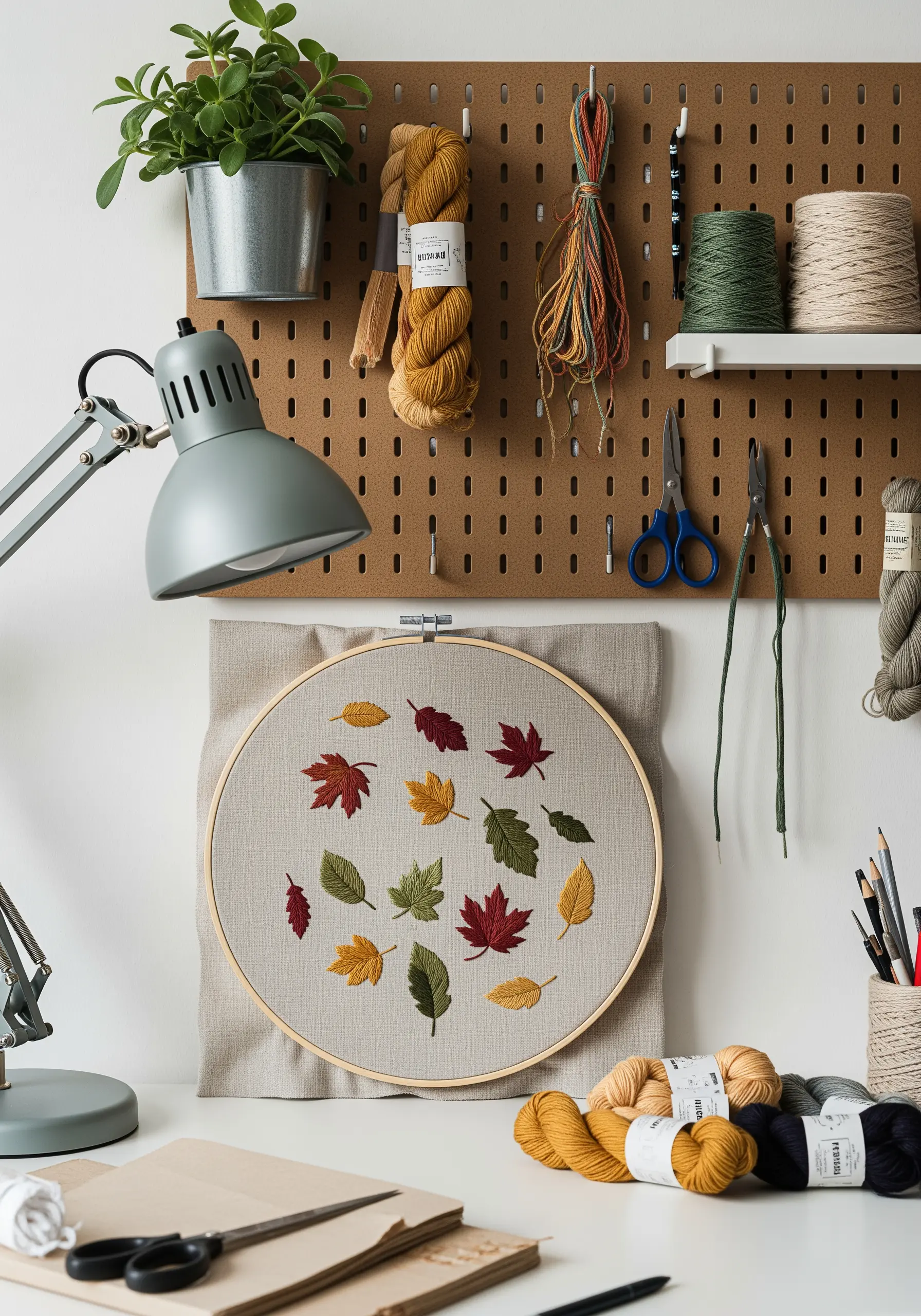 An embroidery hoop with a scatter of autumn leaves stitched in various styles and colors.