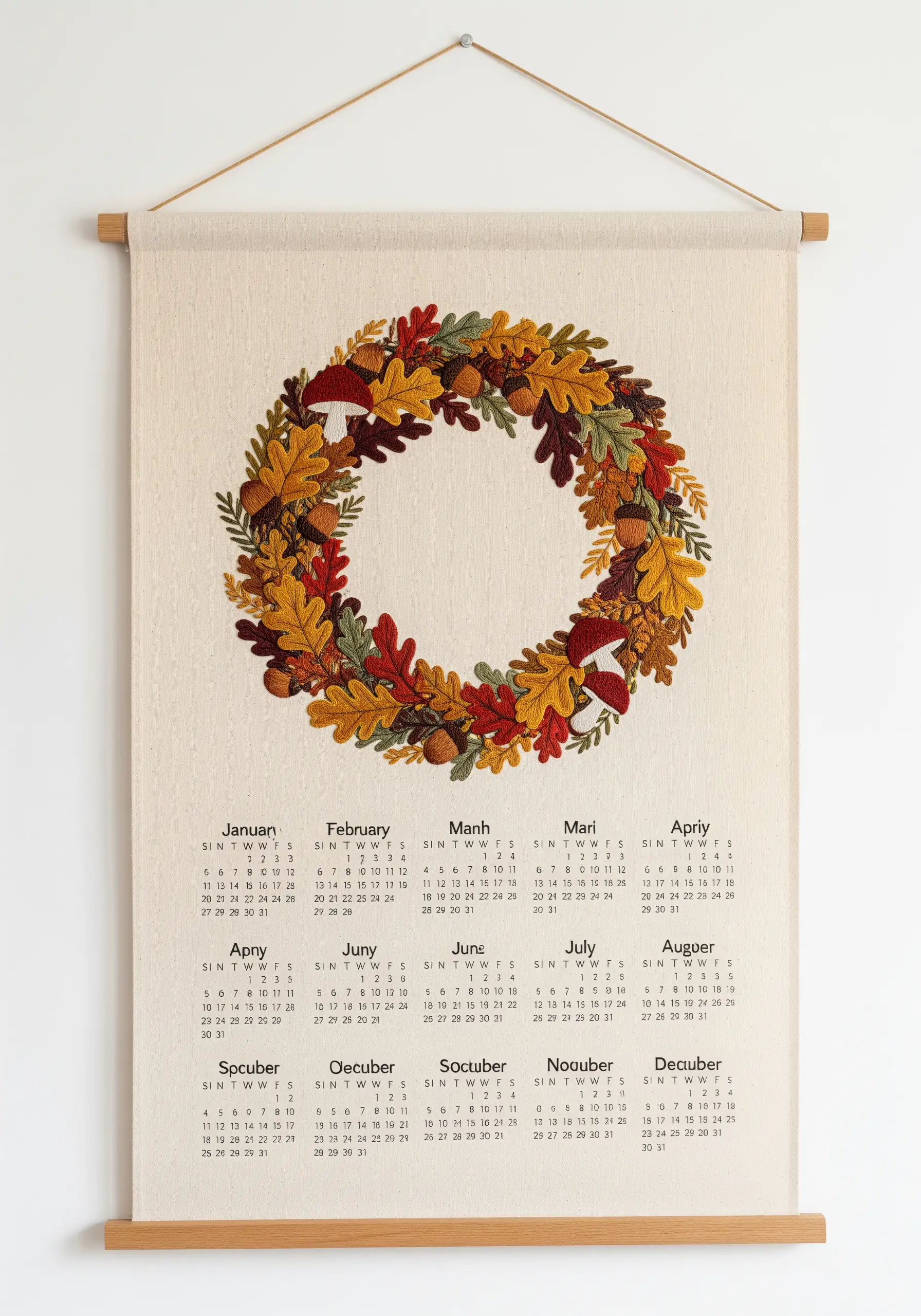 A fabric wall calendar with an intricately embroidered autumn wreath at the top