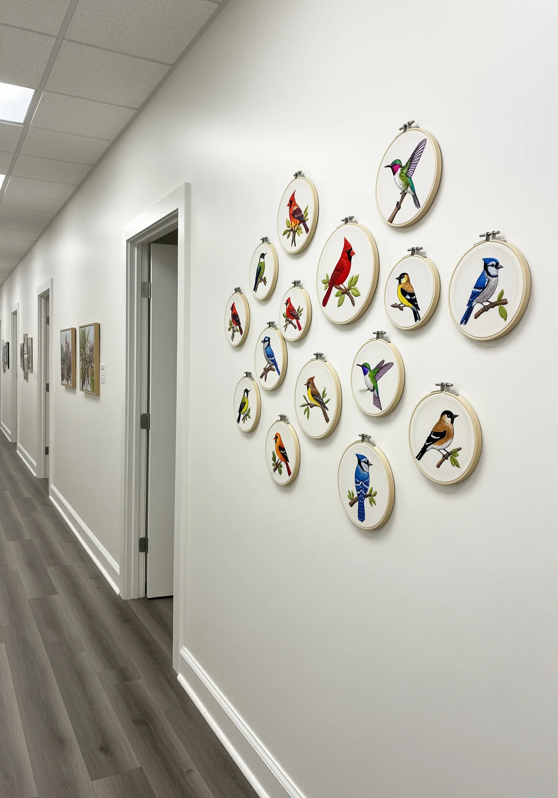 A collection of many small embroidery hoops, each featuring a different bird, on a hallway wall.