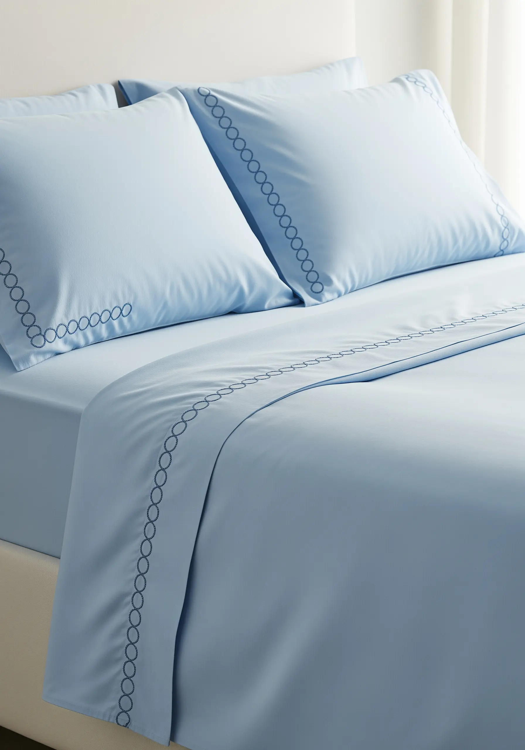 A chain-like embroidered border in dark blue thread on light blue bed sheets.