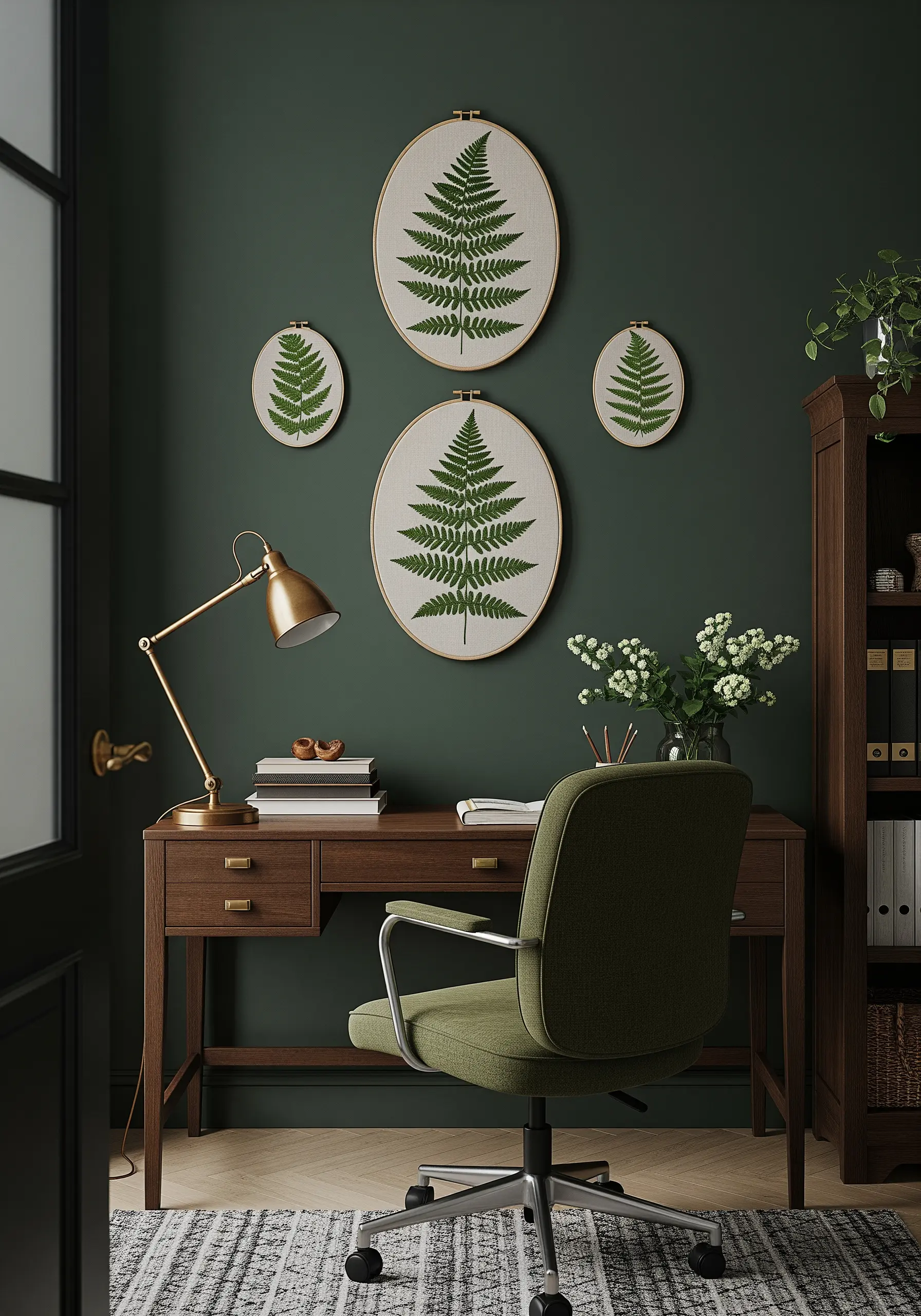 A collection of oval and round embroidery hoops, each featuring a detailed green fern.