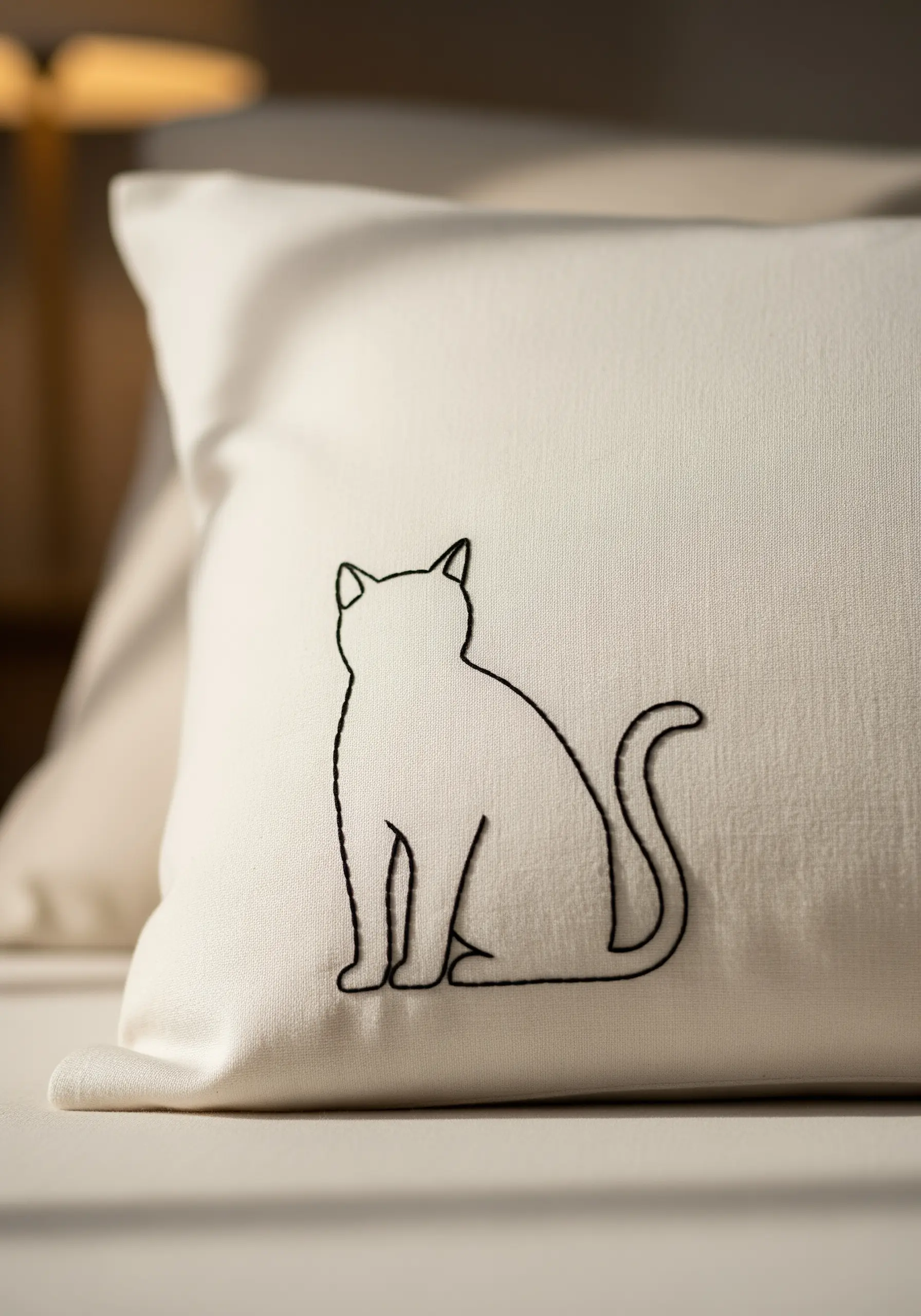 A minimalist black outline of a sitting cat embroidered on a white pillow.