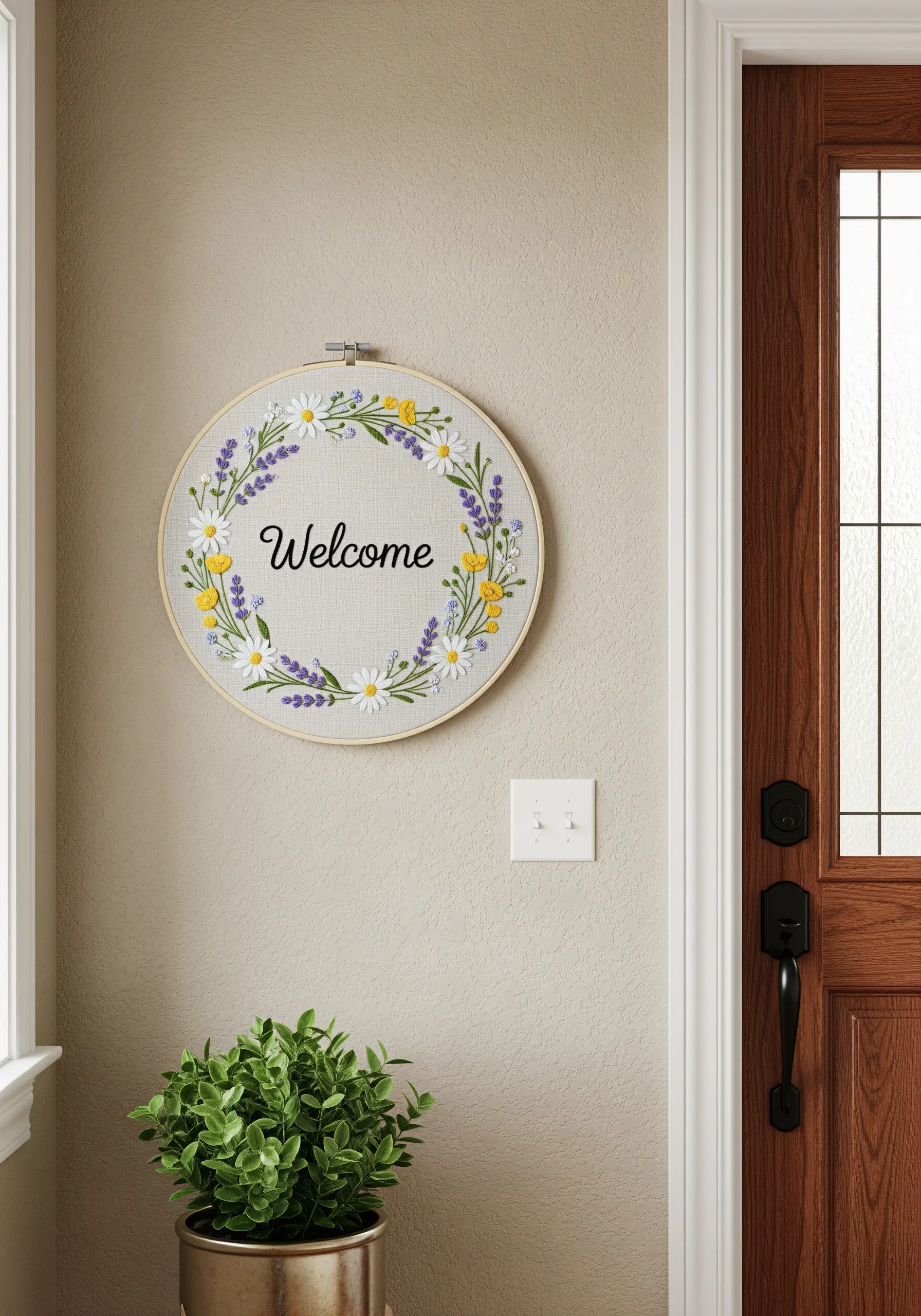 A floral wreath embroidery hoop with the word 'Welcome' stitched in the center.