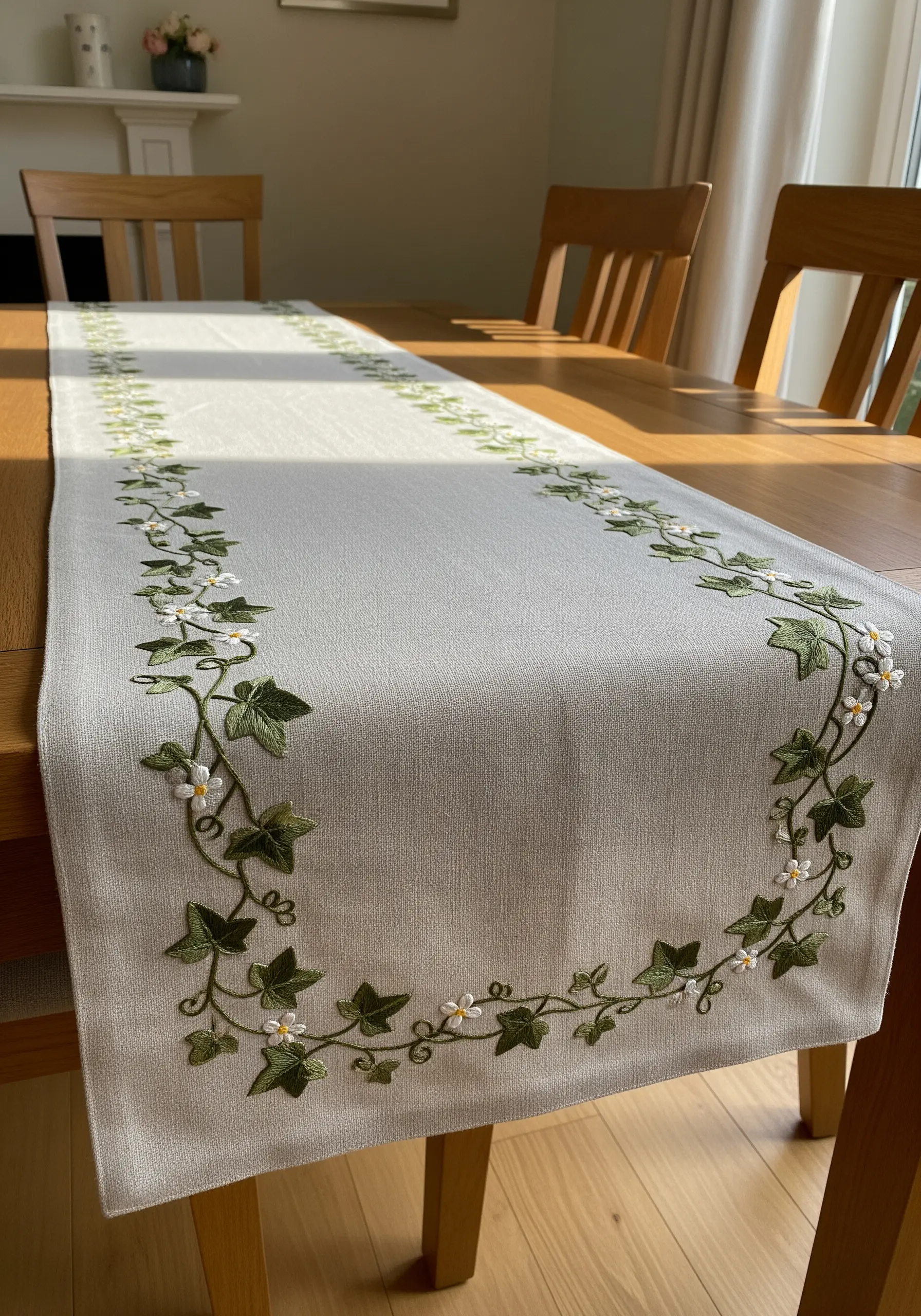 A linen table runner with an embroidered border of winding ivy vines.