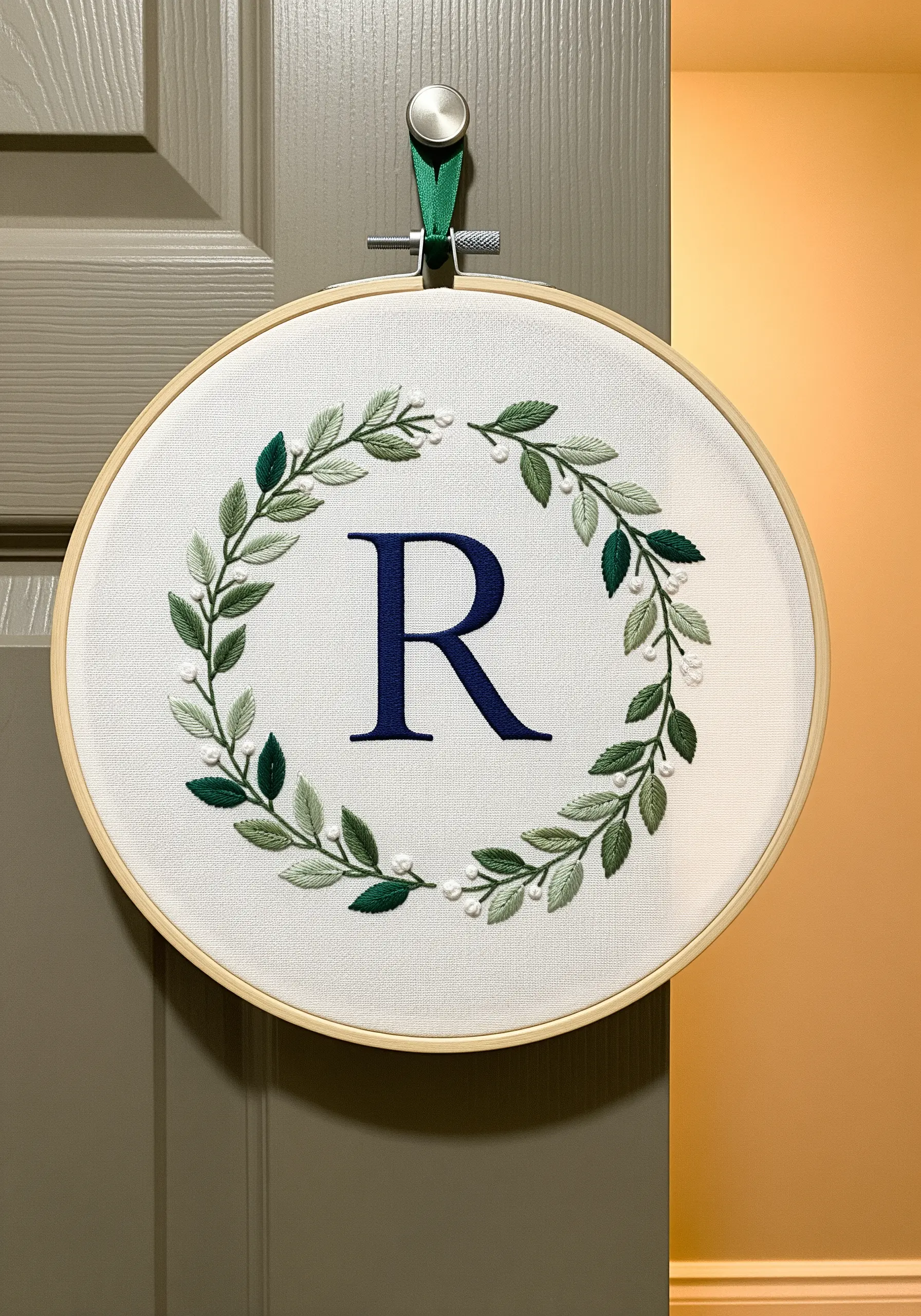 A letter 'R' monogram embroidered in navy blue, surrounded by a green leaf wreath.