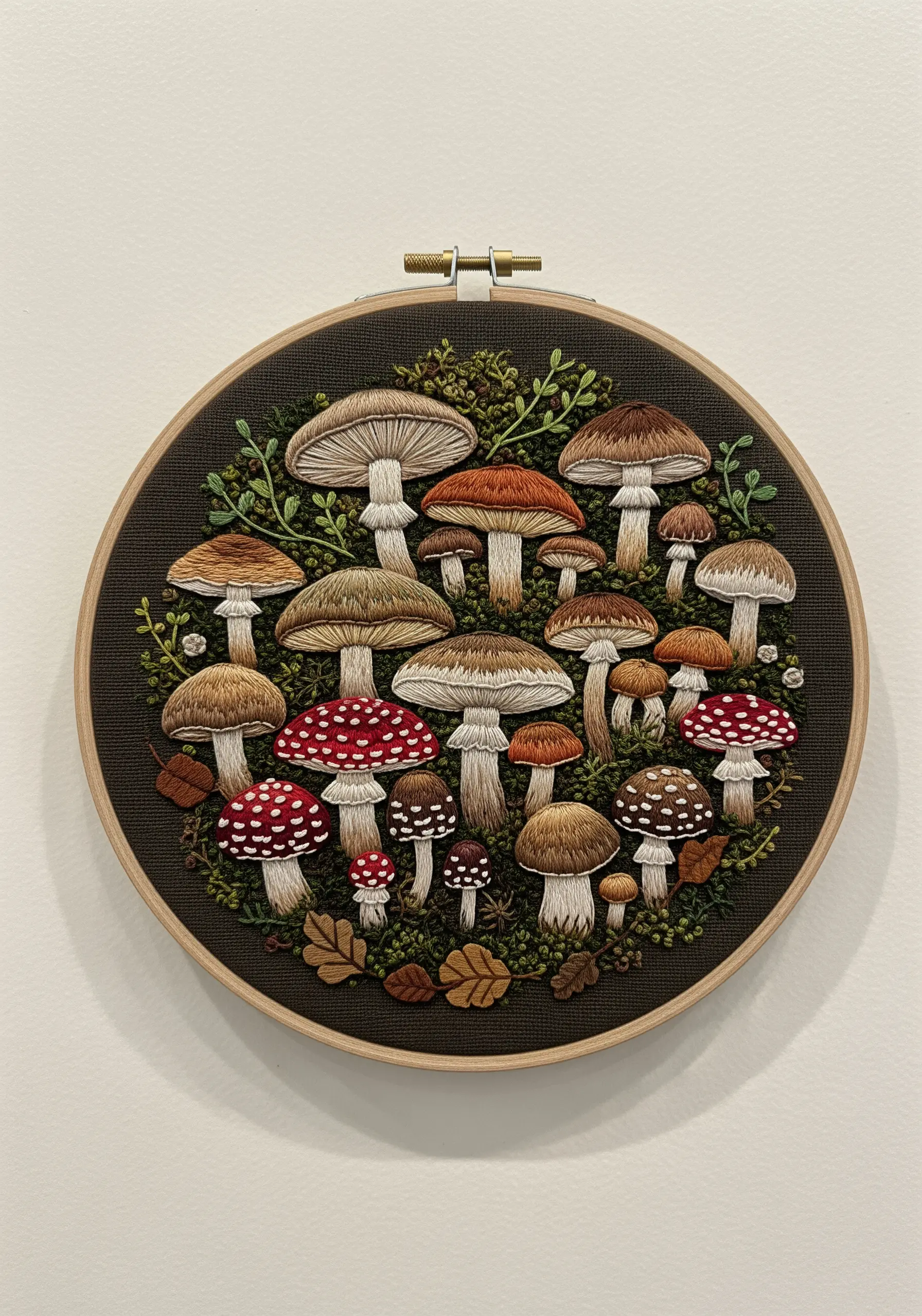 A hoop filled with detailed embroidery of various mushroom species on dark fabric.