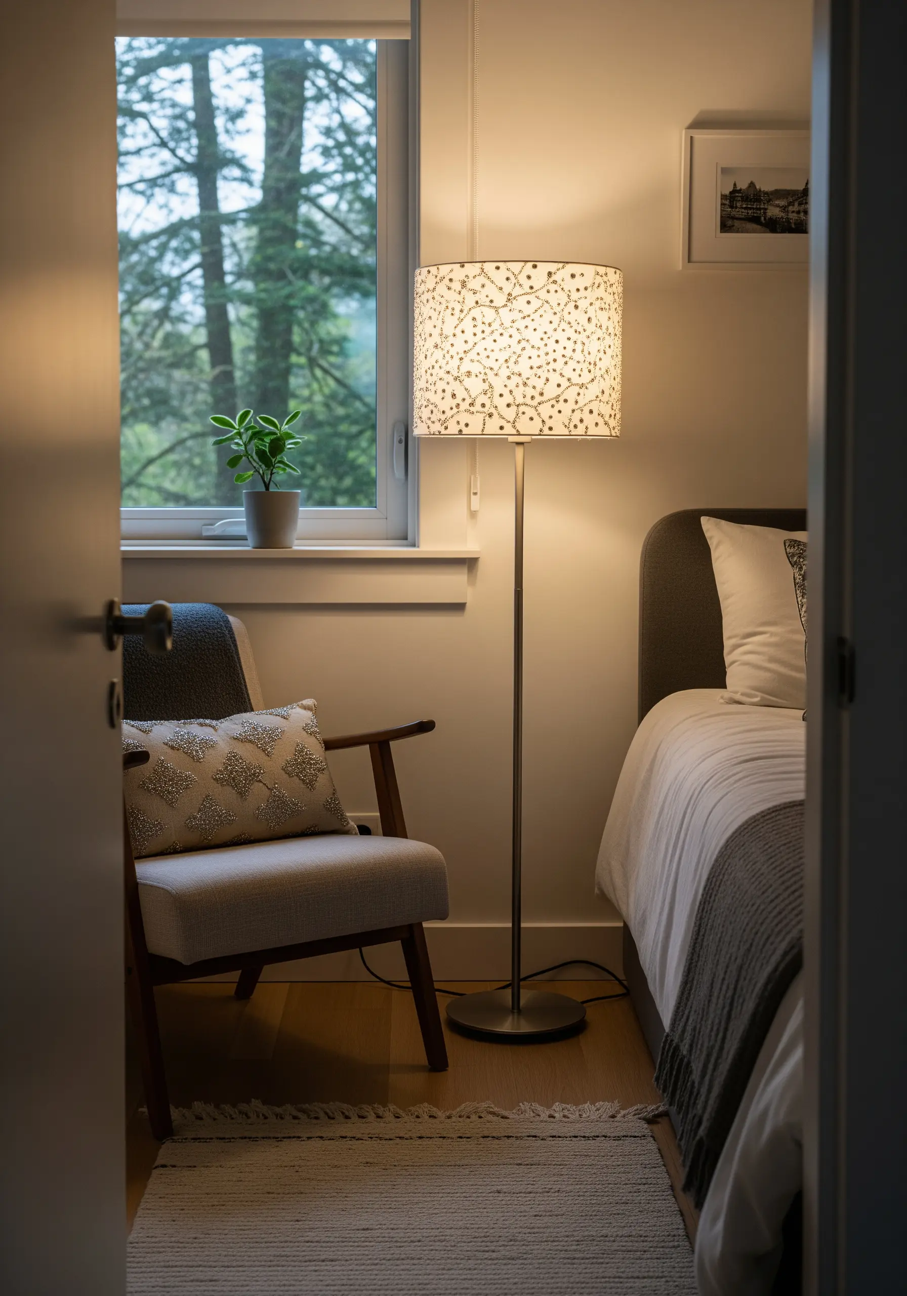 A drum lampshade embroidered with a scattered pattern of dots, casting a gentle, stippled light.