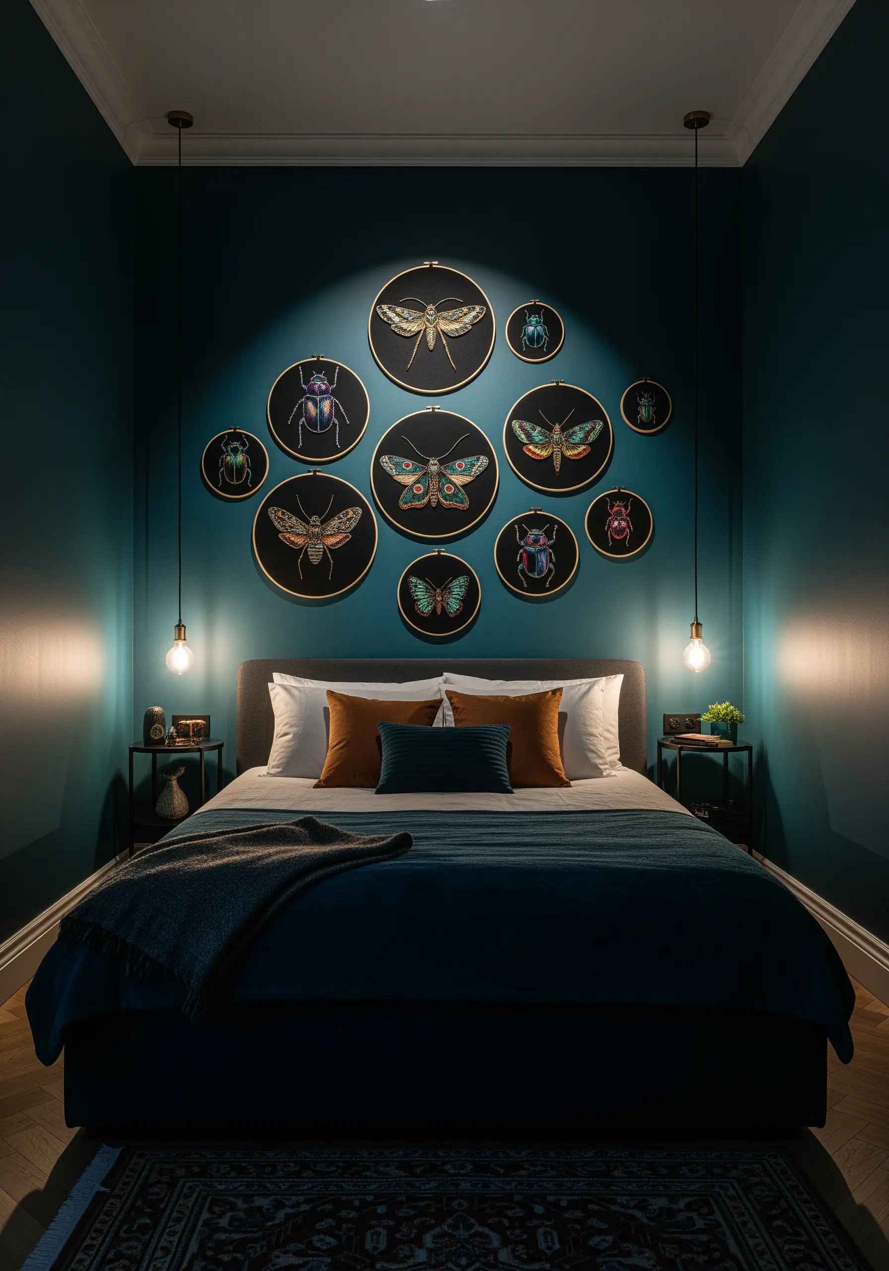 A gallery wall of various-sized embroidery hoops featuring detailed, colorful insects on dark fabric.