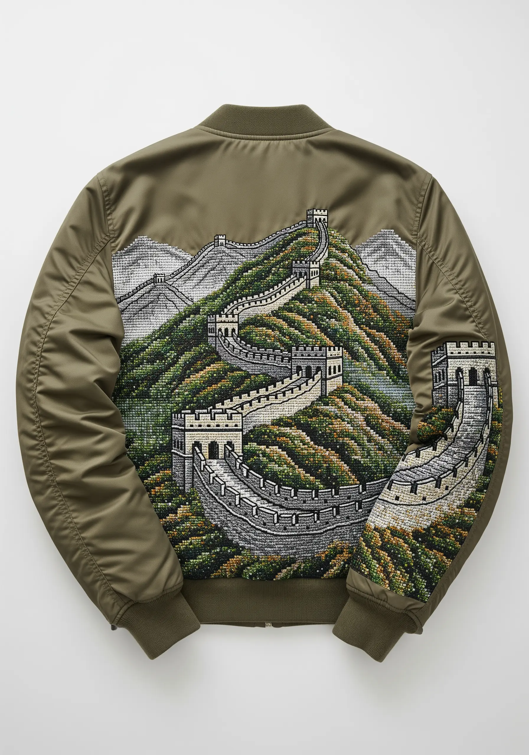 A detailed, full-back embroidery of the Great Wall of China on a bomber jacket.